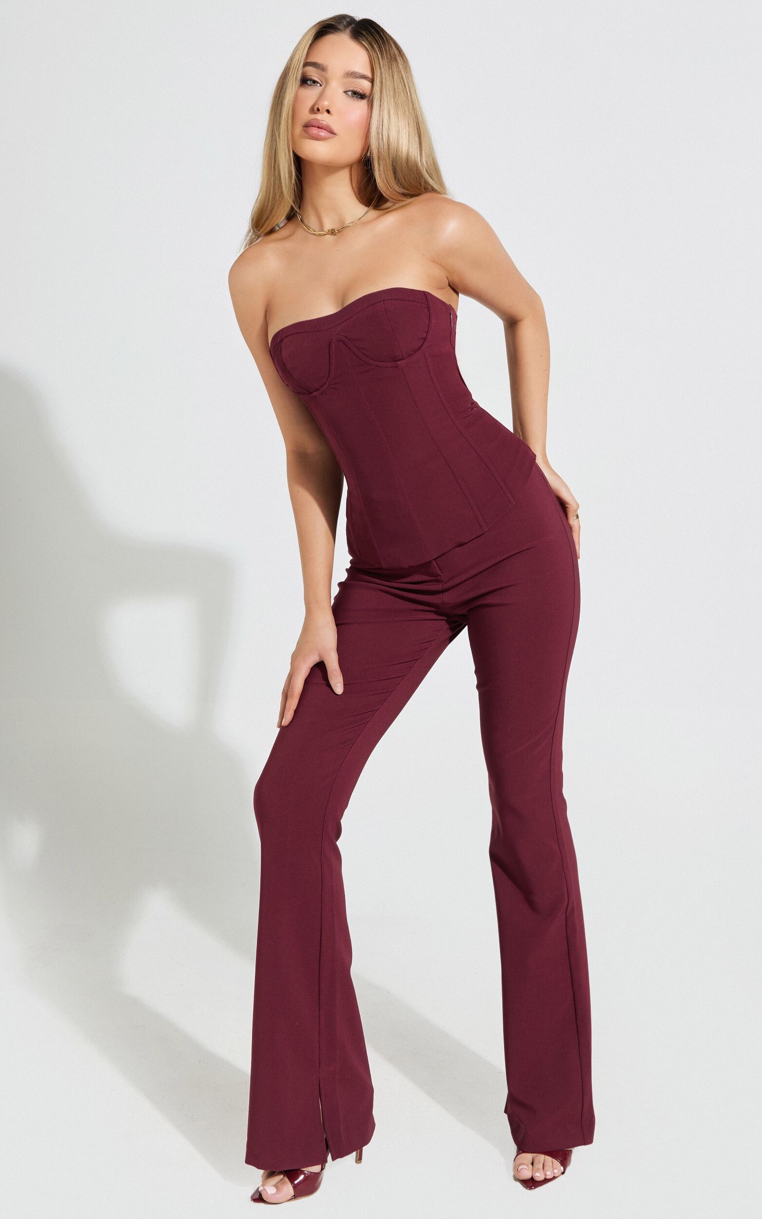 Irene Pants - Mid Rise Split Hem Bootleg Pants in Wine 1 Irene Pants - Mid Rise Split Hem Bootleg Pants in Wine