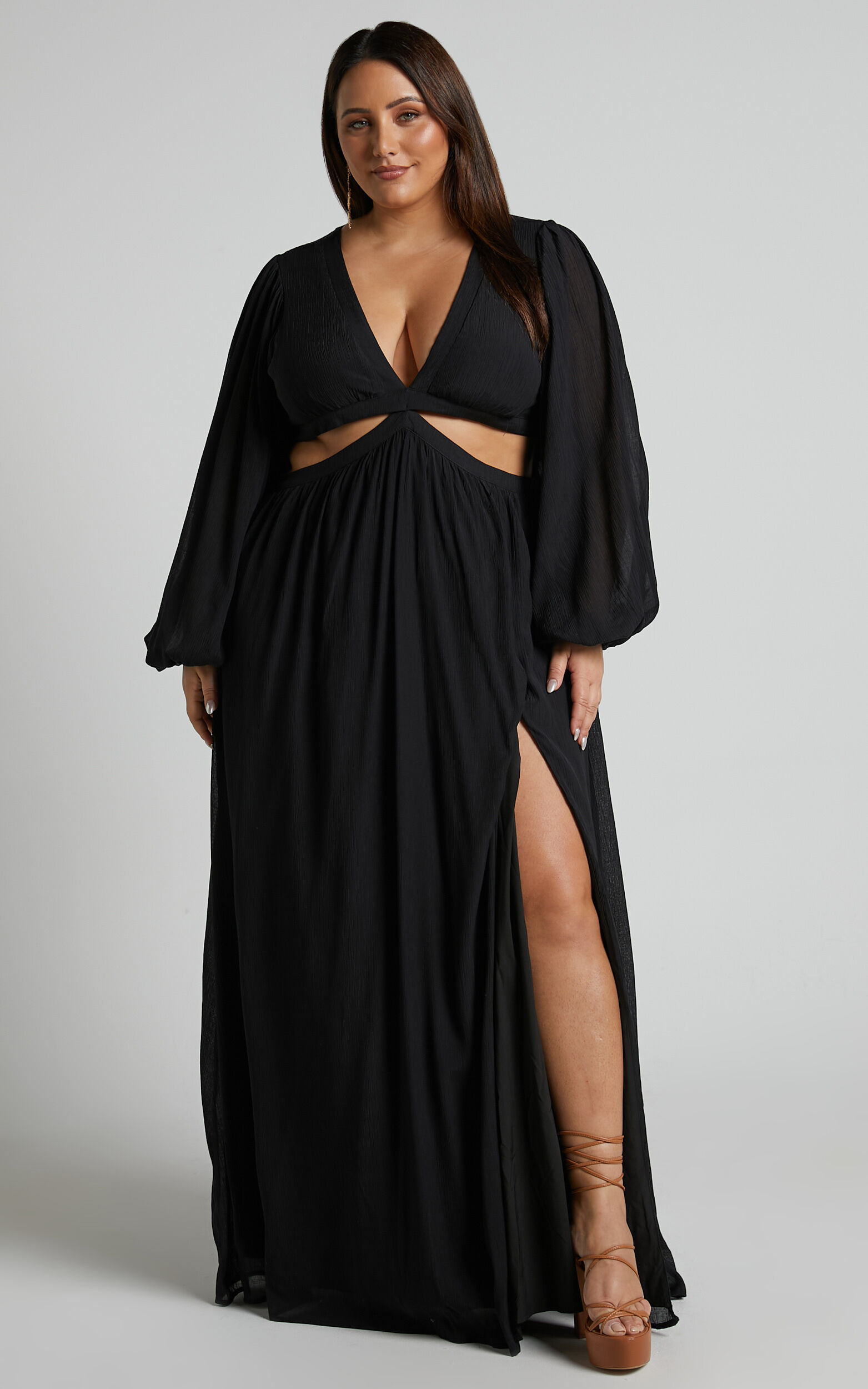 Paige Maxi Dress - Side Cut Out Balloon Sleeve Dress in Black 10 Paige Maxi Dress - Side Cut Out Balloon Sleeve Dress in Black