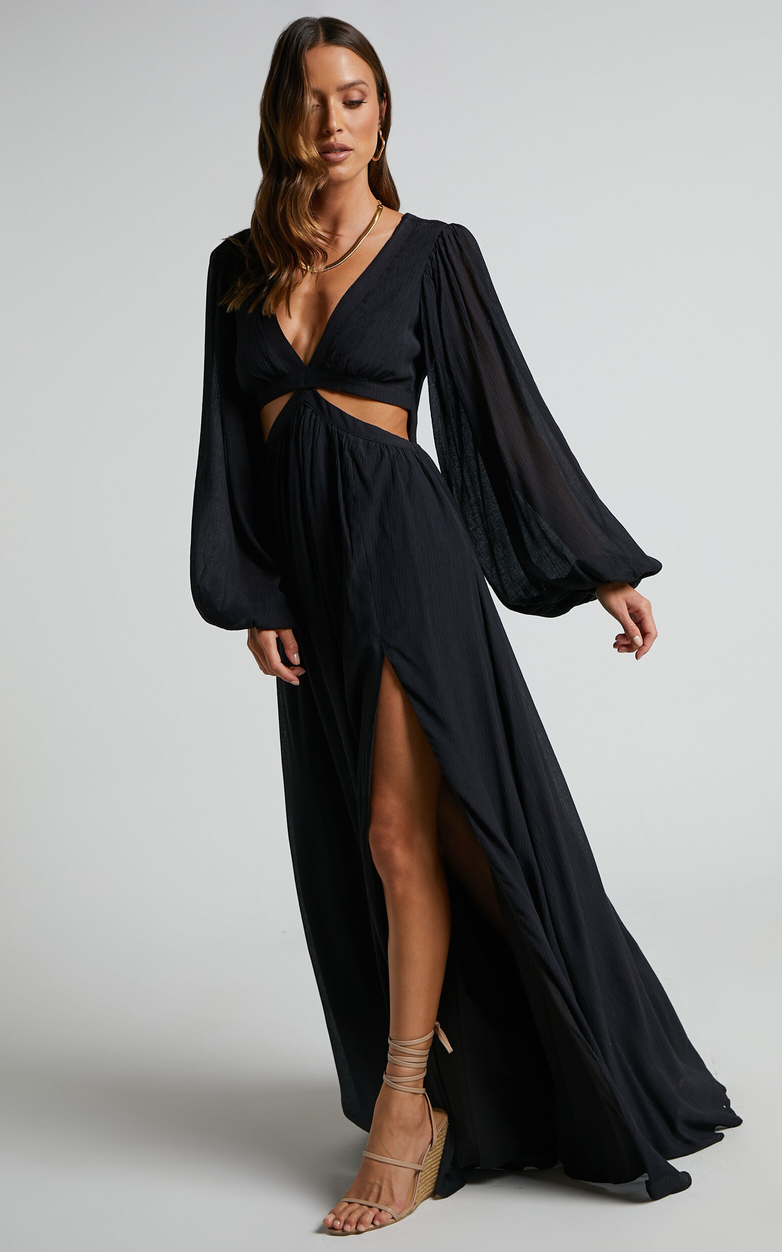 Paige Maxi Dress - Side Cut Out Balloon Sleeve Dress in Black 11 Paige Maxi Dress - Side Cut Out Balloon Sleeve Dress in Black