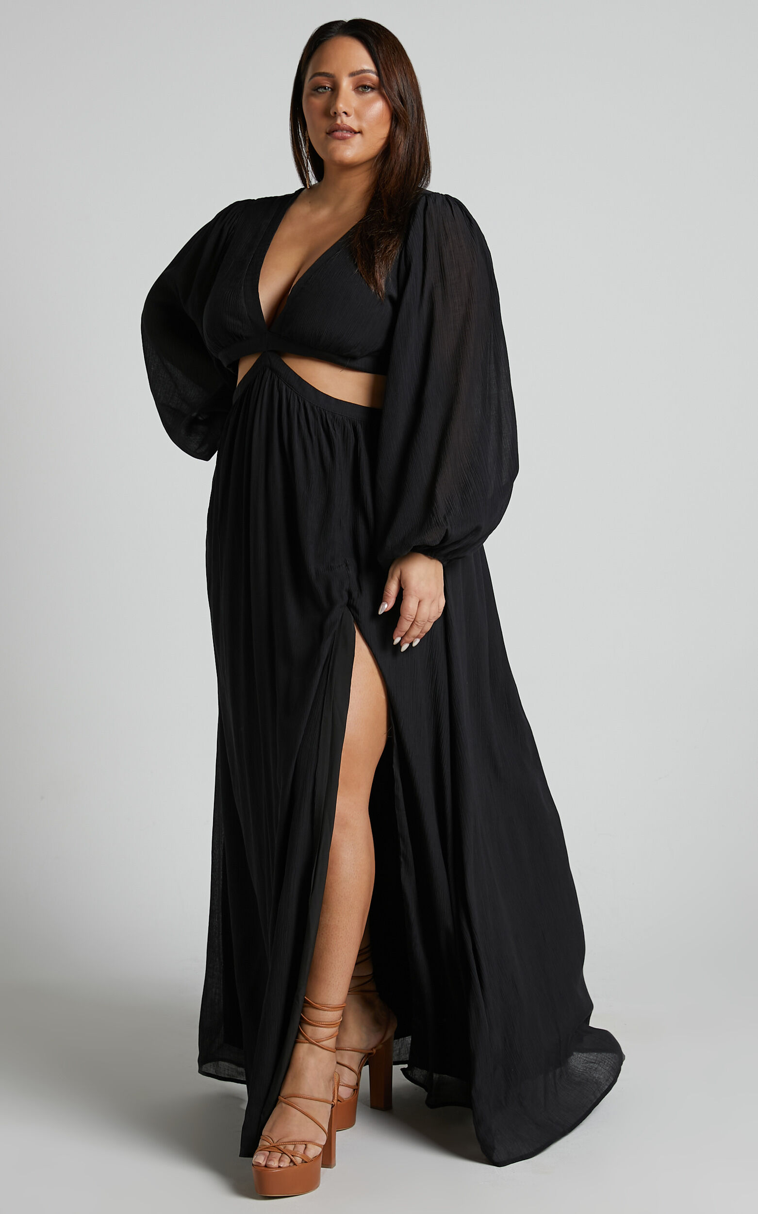 Paige Maxi Dress - Side Cut Out Balloon Sleeve Dress in Black 12 Paige Maxi Dress - Side Cut Out Balloon Sleeve Dress in Black