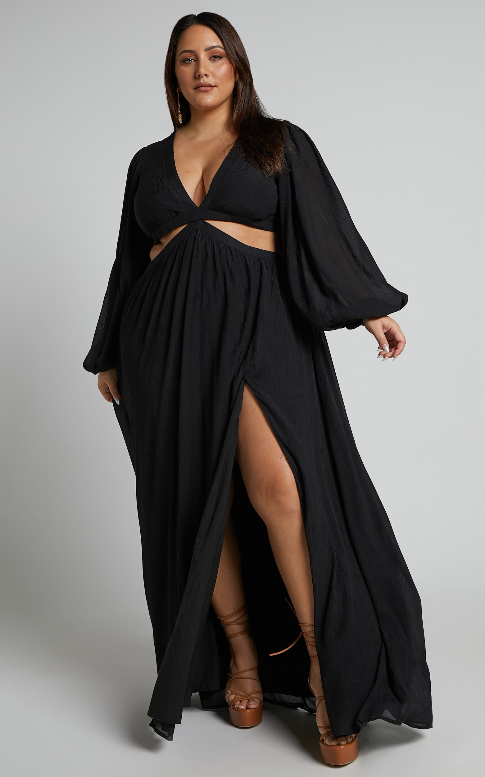 Paige Maxi Dress - Side Cut Out Balloon Sleeve Dress in Black 14 Paige Maxi Dress - Side Cut Out Balloon Sleeve Dress in Black