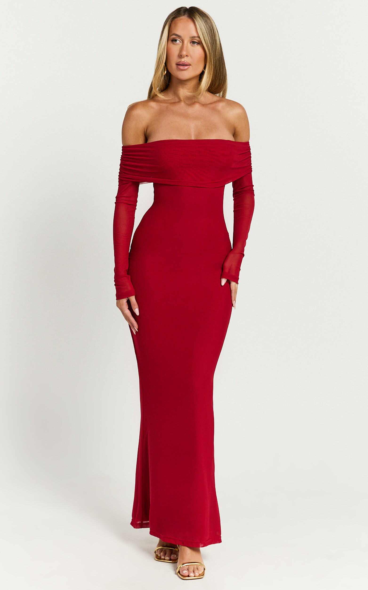 Bethanie Maxi Dress - Off The Shoulder Mesh Dress in Red 1 Bethanie Maxi Dress - Off The Shoulder Mesh Dress in Red