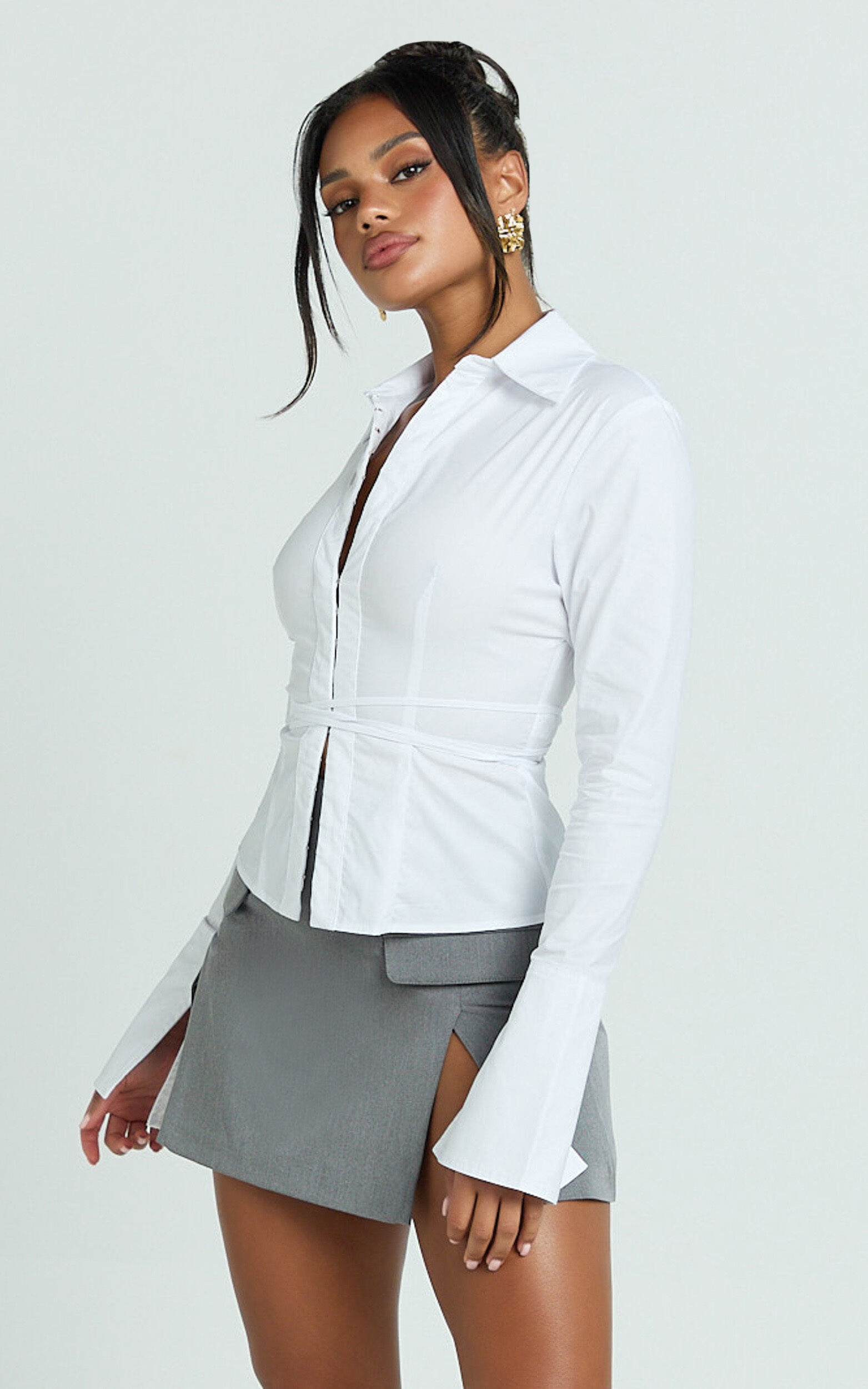 Katherine Top - Collared Plunge Flared Sleeve Top in White 13 Katherine Top - Collared Plunge Flared Sleeve Top in White
