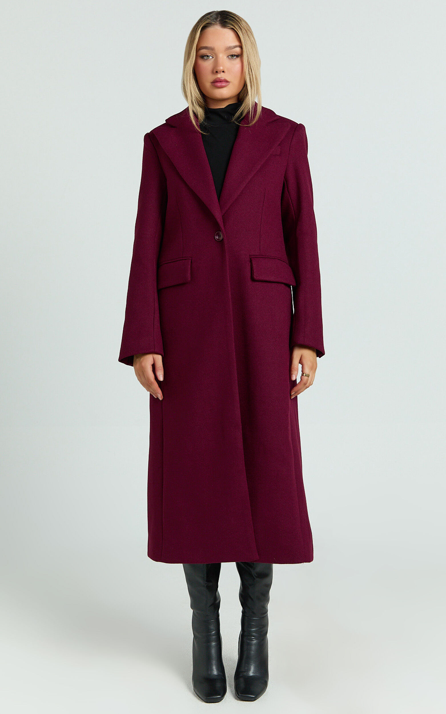 Michaela Coat - Oversized Lapel Single Button Coat in Wine 1 Michaela Coat - Oversized Lapel Single Button Coat in Wine