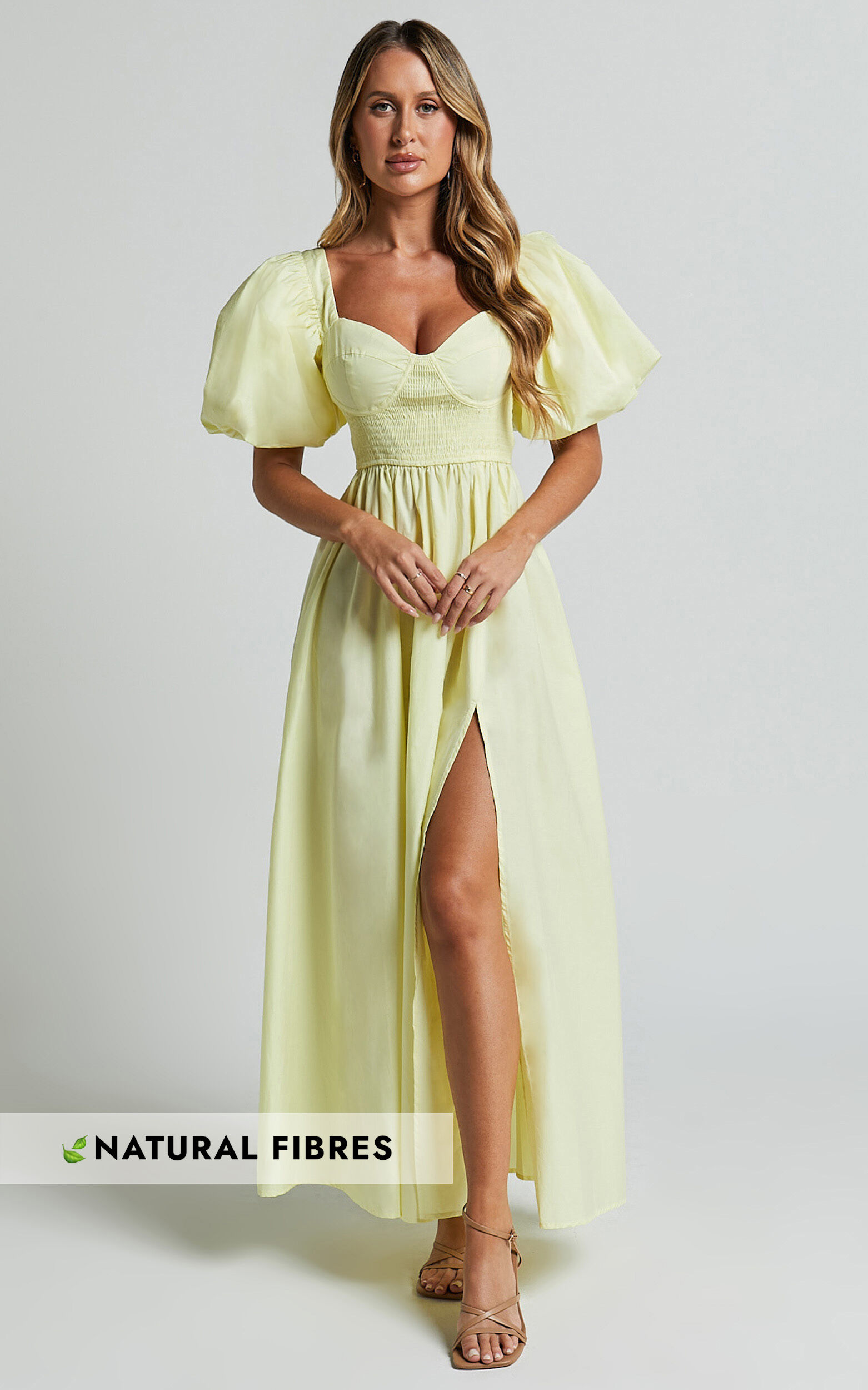 Raiza Midi Dress - Shirred Waist Puff Sleeve Dress in Lemon 1 Raiza Midi Dress - Shirred Waist Puff Sleeve Dress in Lemon