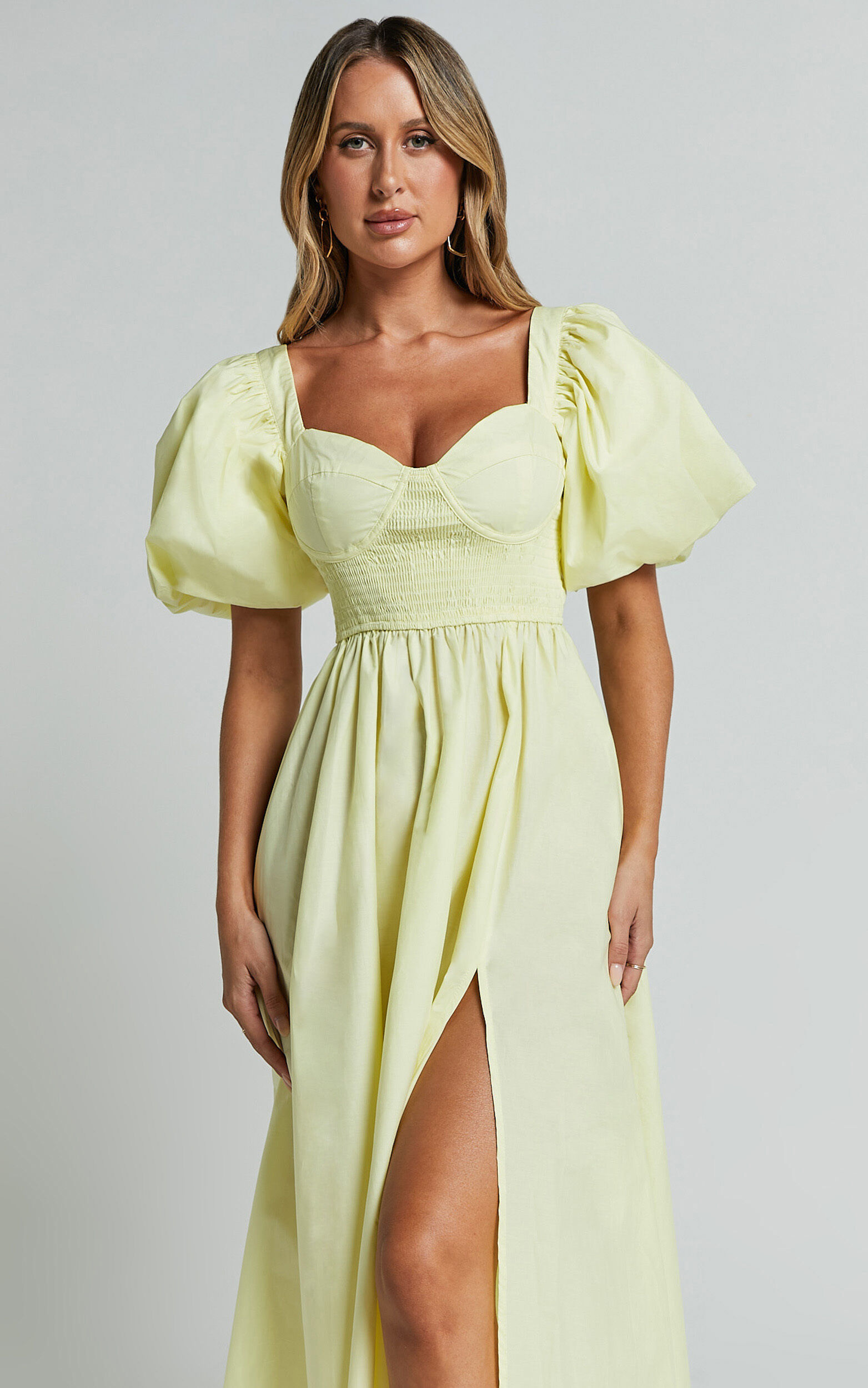Raiza Midi Dress - Shirred Waist Puff Sleeve Dress in Lemon 9 Raiza Midi Dress - Shirred Waist Puff Sleeve Dress in Lemon