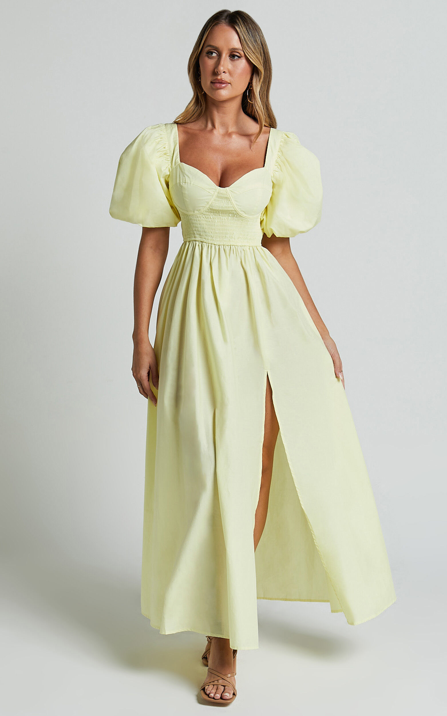 Raiza Midi Dress - Shirred Waist Puff Sleeve Dress in Lemon 10 Raiza Midi Dress - Shirred Waist Puff Sleeve Dress in Lemon