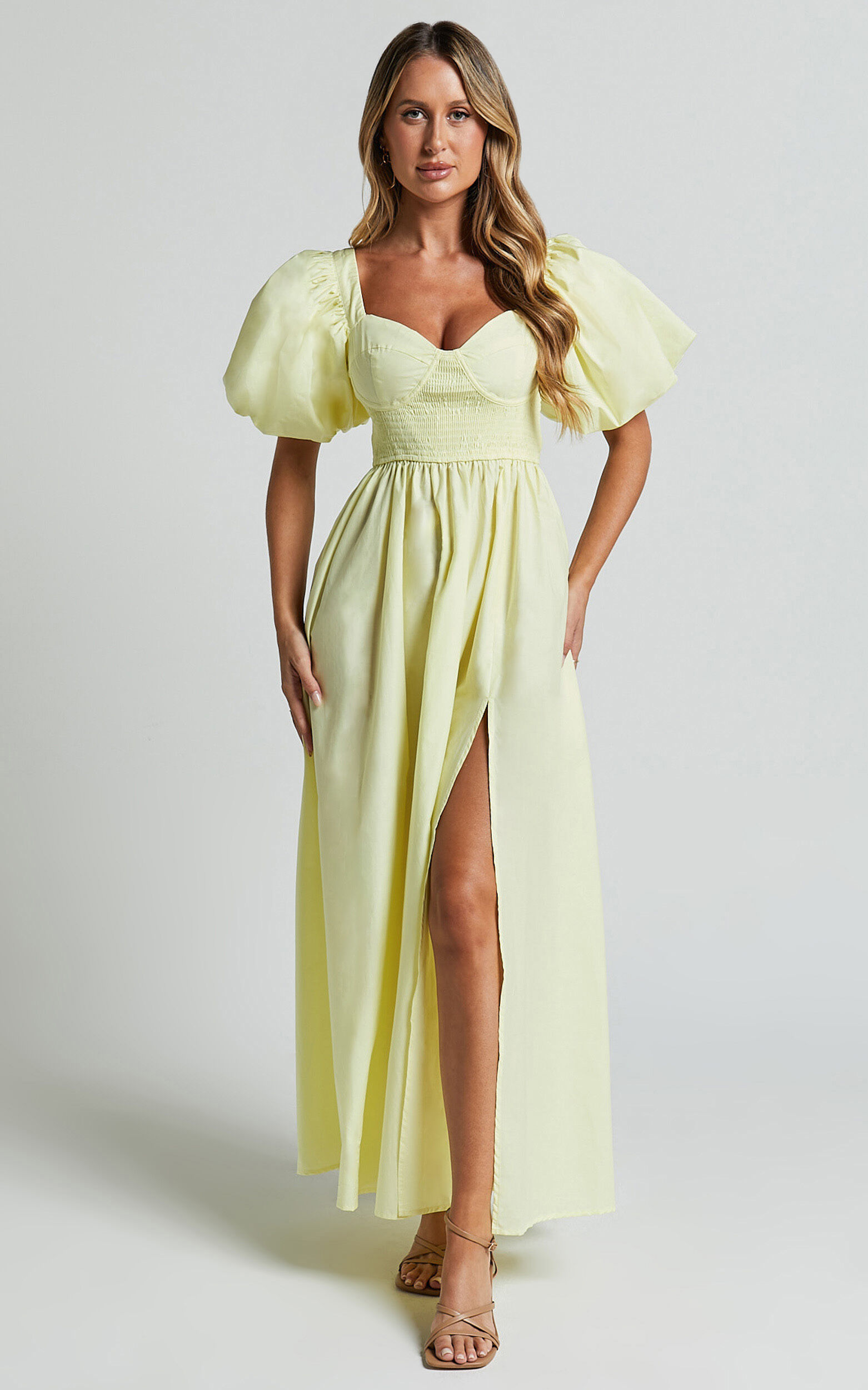 Raiza Midi Dress - Shirred Waist Puff Sleeve Dress in Lemon 11 Raiza Midi Dress - Shirred Waist Puff Sleeve Dress in Lemon