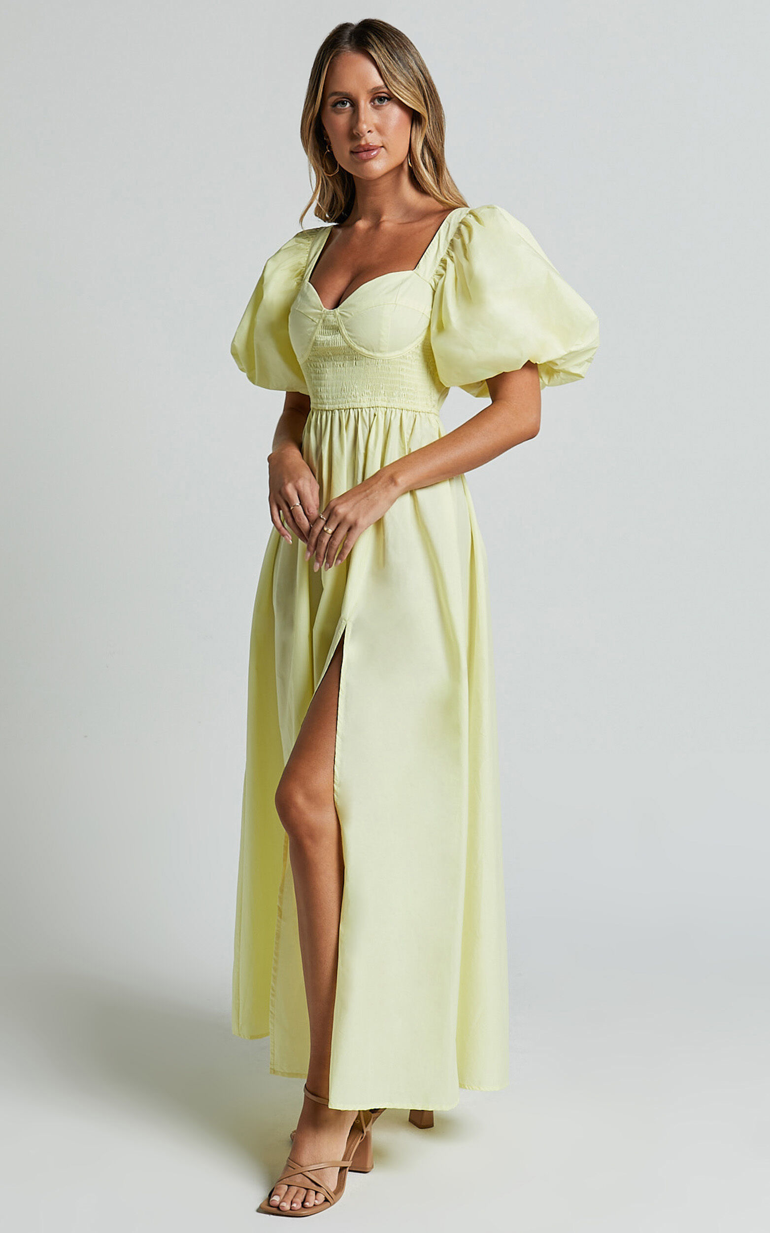 Raiza Midi Dress - Shirred Waist Puff Sleeve Dress in Lemon 12 Raiza Midi Dress - Shirred Waist Puff Sleeve Dress in Lemon