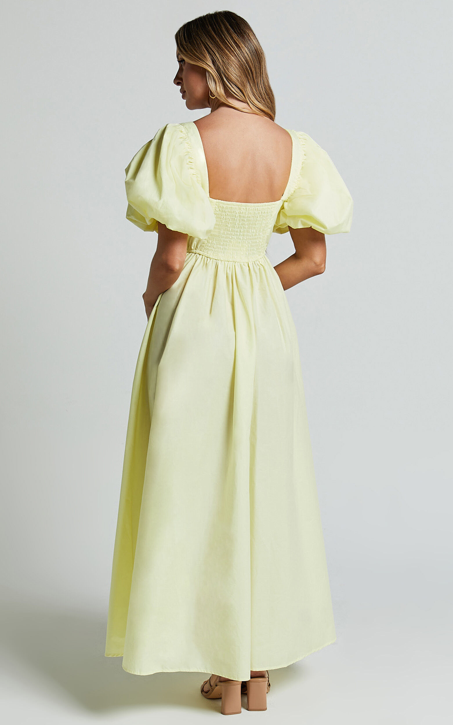Raiza Midi Dress - Shirred Waist Puff Sleeve Dress in Lemon 13 Raiza Midi Dress - Shirred Waist Puff Sleeve Dress in Lemon