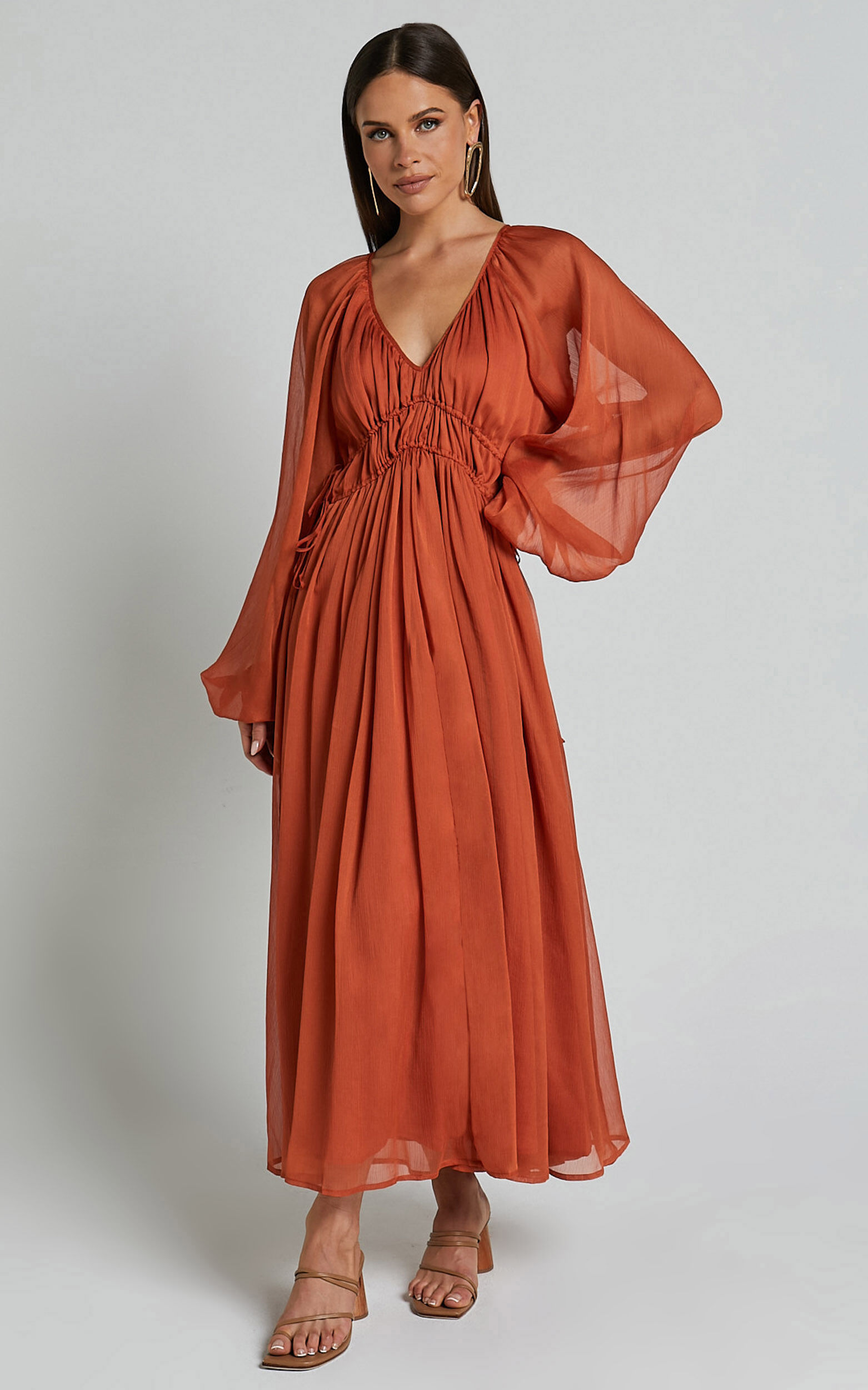 Roxanna Maxi Dress - Long Sleeve Ruched Waist Dress in Rust 1 Roxanna Maxi Dress - Long Sleeve Ruched Waist Dress in Rust
