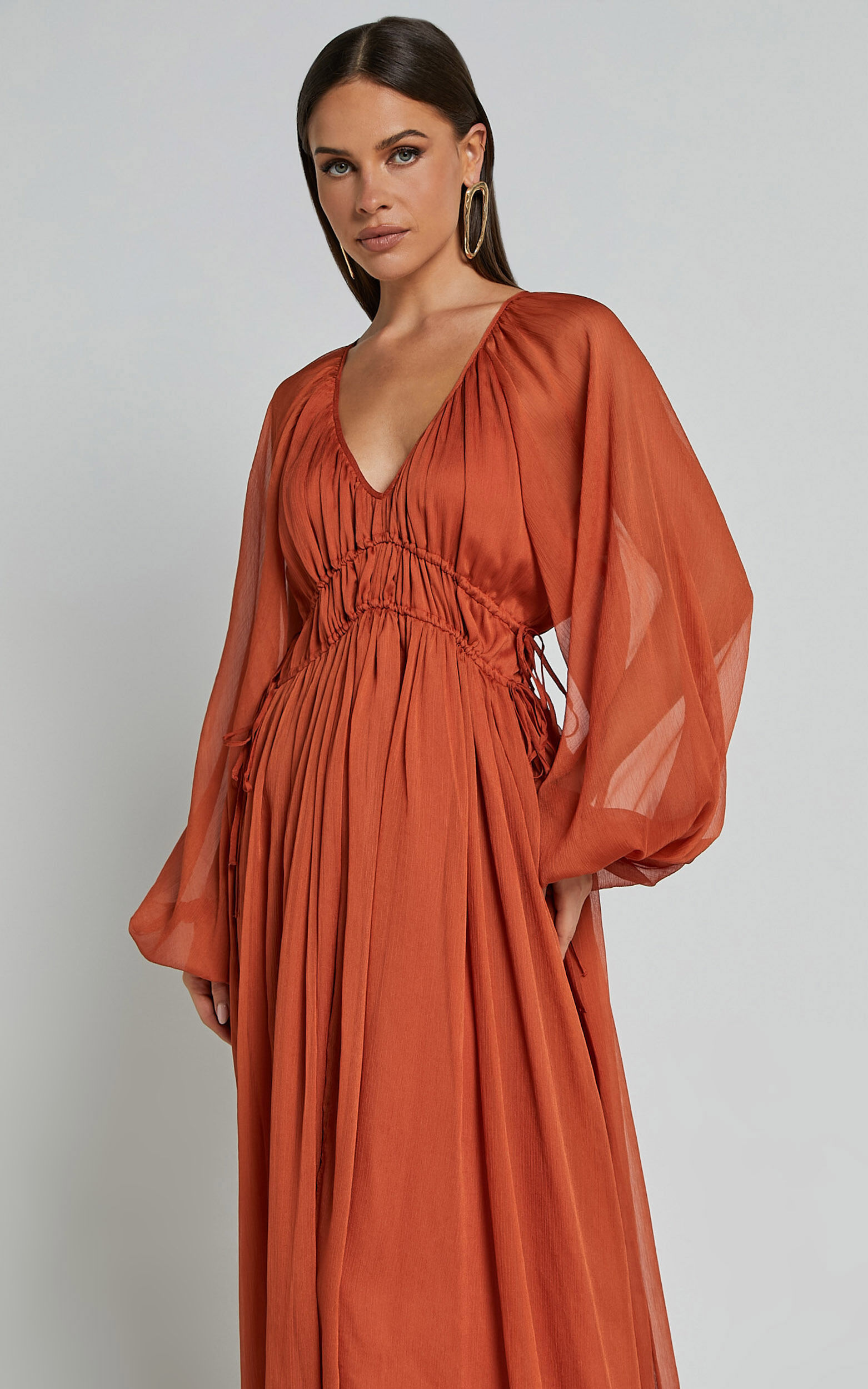 Roxanna Maxi Dress - Long Sleeve Ruched Waist Dress in Rust 9 Roxanna Maxi Dress - Long Sleeve Ruched Waist Dress in Rust