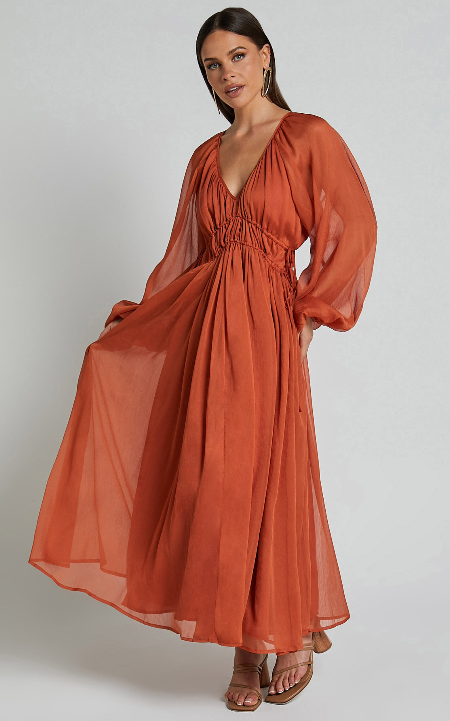 Roxanna Maxi Dress - Long Sleeve Ruched Waist Dress in Rust 10 Roxanna Maxi Dress - Long Sleeve Ruched Waist Dress in Rust