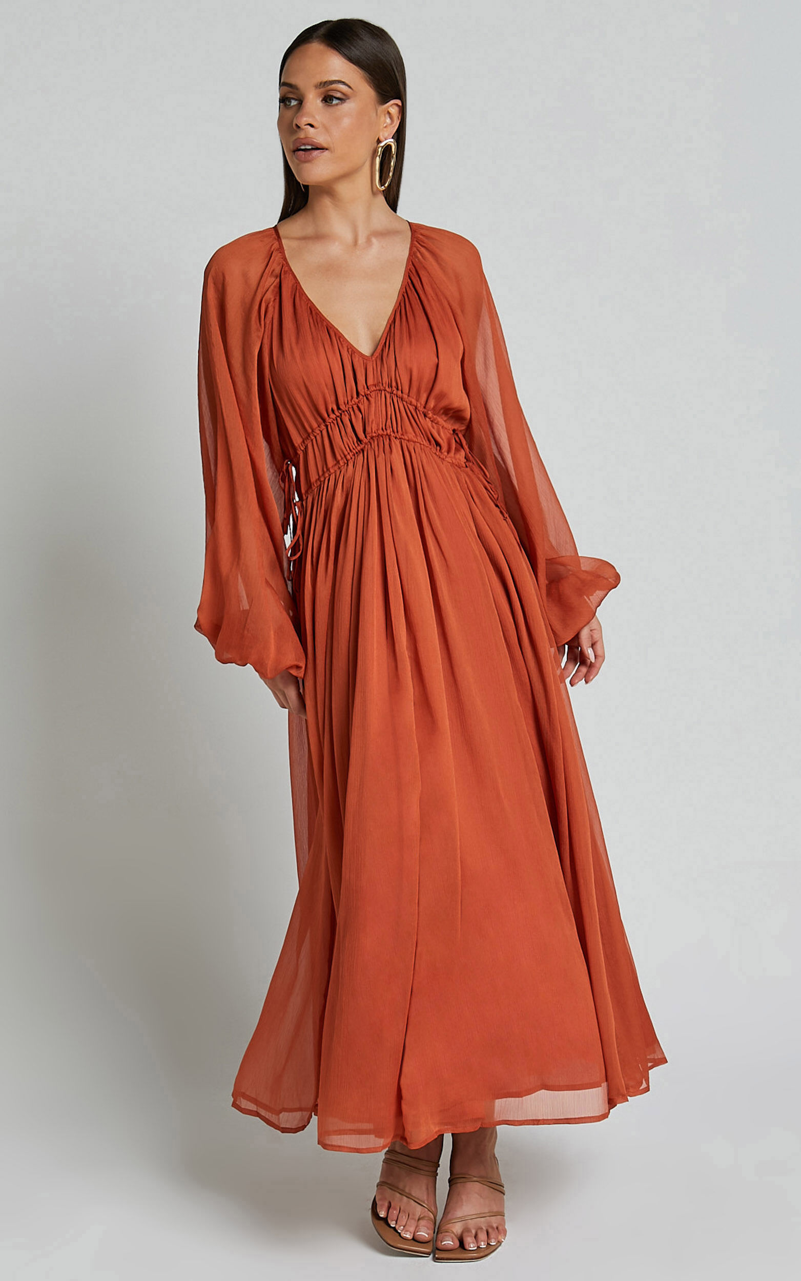 Roxanna Maxi Dress - Long Sleeve Ruched Waist Dress in Rust 11 Roxanna Maxi Dress - Long Sleeve Ruched Waist Dress in Rust