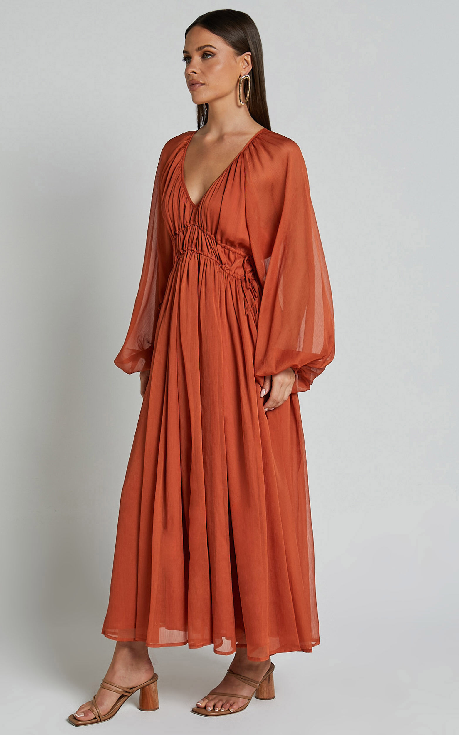Roxanna Maxi Dress - Long Sleeve Ruched Waist Dress in Rust 12 Roxanna Maxi Dress - Long Sleeve Ruched Waist Dress in Rust