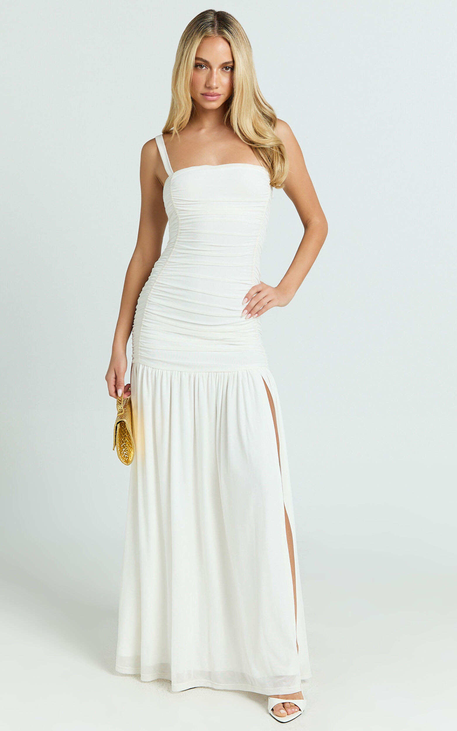 Cardi Maxi Dress - Ruched Mesh High Leg Split Dress in Ivory 9 Cardi Maxi Dress - Ruched Mesh High Leg Split Dress in Ivory