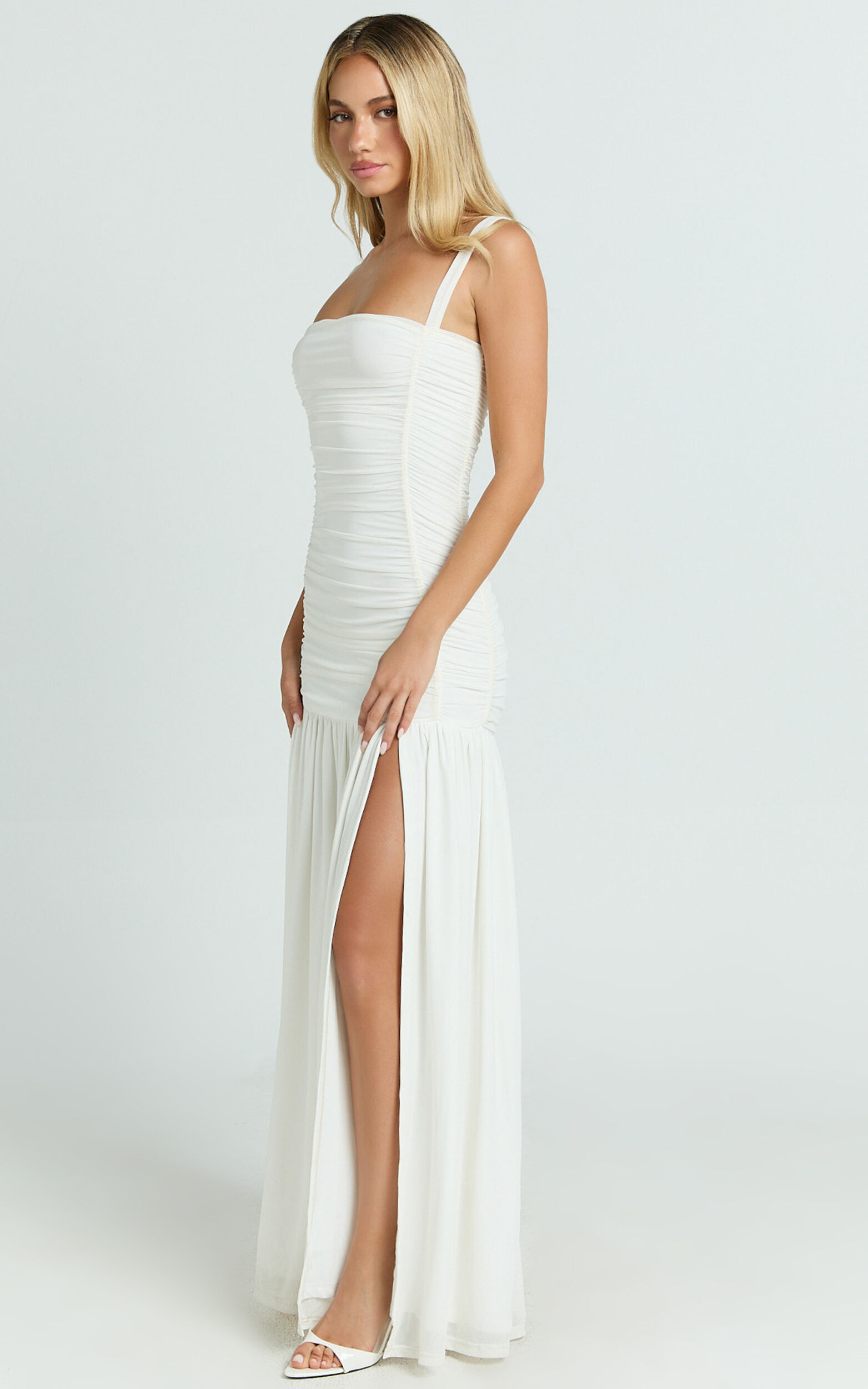 Cardi Maxi Dress - Ruched Mesh High Leg Split Dress in Ivory 10 Cardi Maxi Dress - Ruched Mesh High Leg Split Dress in Ivory