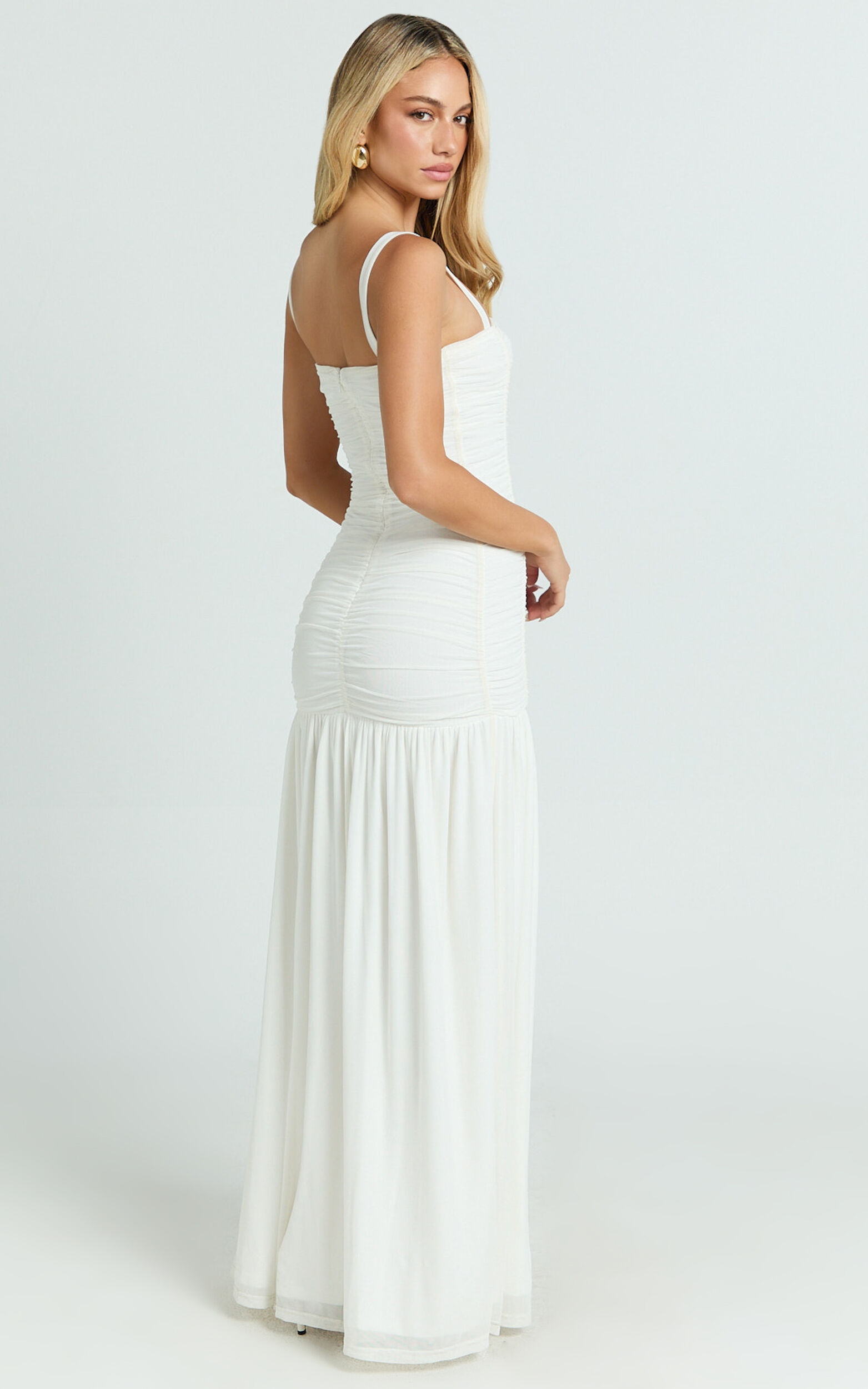 Cardi Maxi Dress - Ruched Mesh High Leg Split Dress in Ivory 11 Cardi Maxi Dress - Ruched Mesh High Leg Split Dress in Ivory