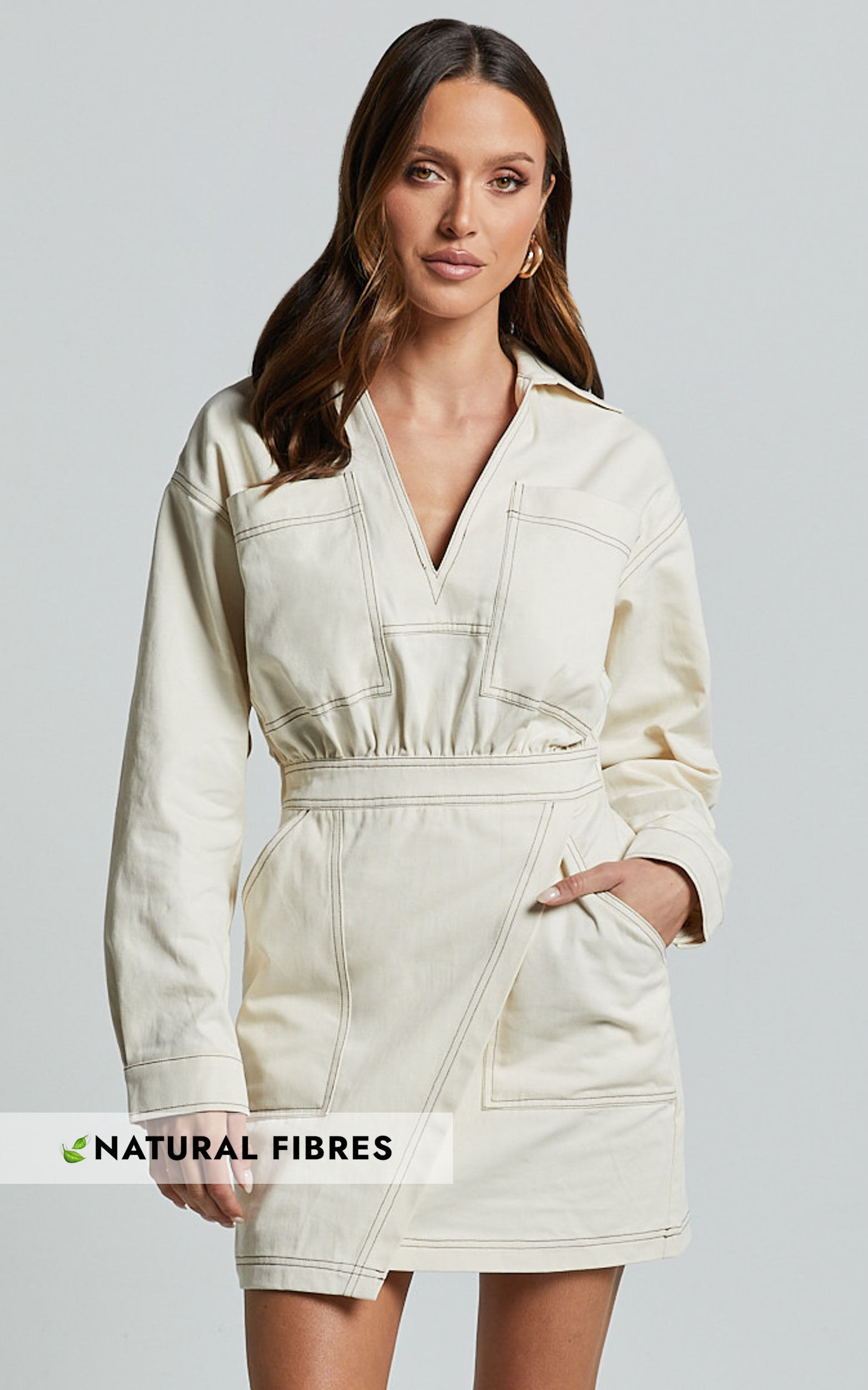 Lilianna Mini Dress - V Neck Long Sleeve Wrap Dress in Cream 1 Lilianna Mini Dress - V Neck Long Sleeve Wrap Dress in Cream