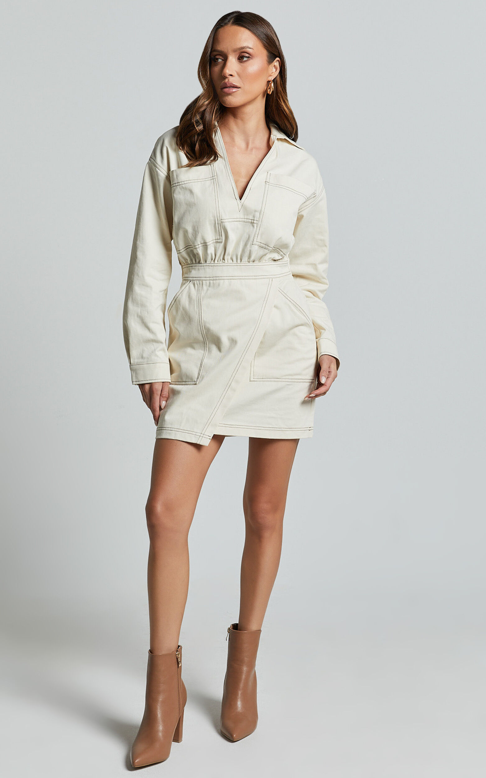 Lilianna Mini Dress - V Neck Long Sleeve Wrap Dress in Cream 9 Lilianna Mini Dress - V Neck Long Sleeve Wrap Dress in Cream