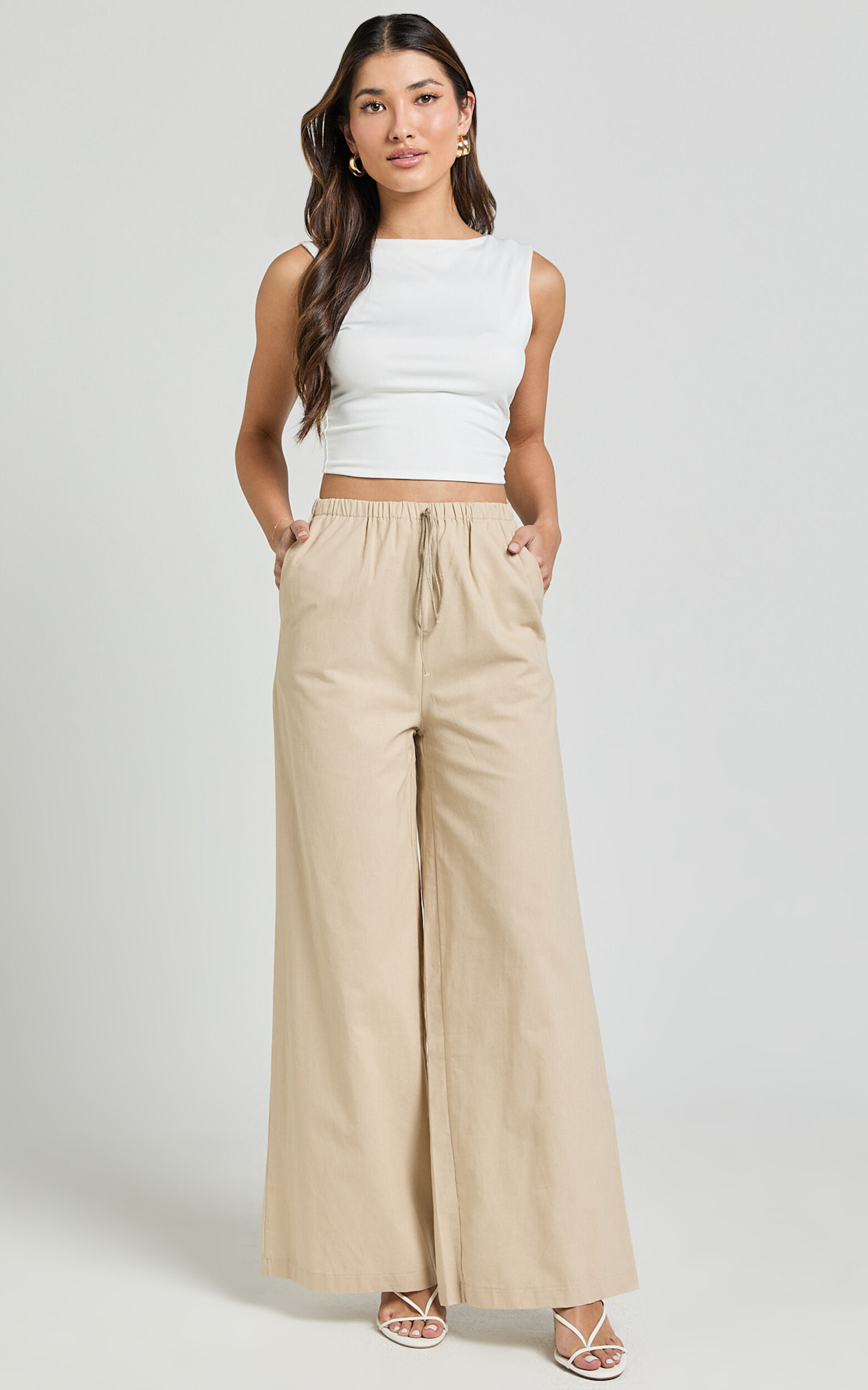 Abbey Pants - Wide Leg Drawstring Linen Look Pants in Natural 1 Abbey Pants - Wide Leg Drawstring Linen Look Pants in Natural
