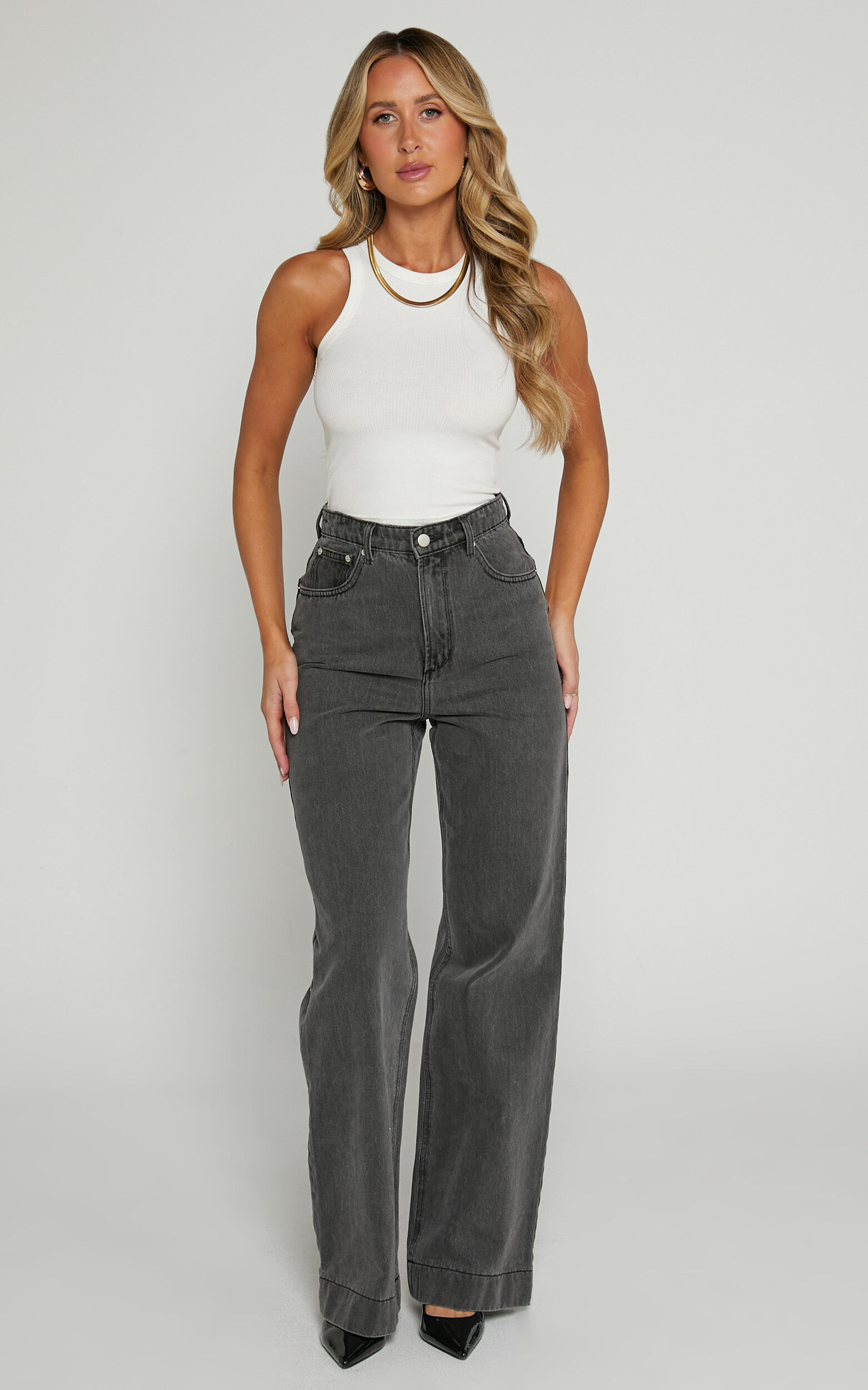 Emman Jeans - High Waisted Cotton Wide Leg Denim Jeans in Washed Black 1 Emman Jeans - High Waisted Cotton Wide Leg Denim Jeans in Washed Black