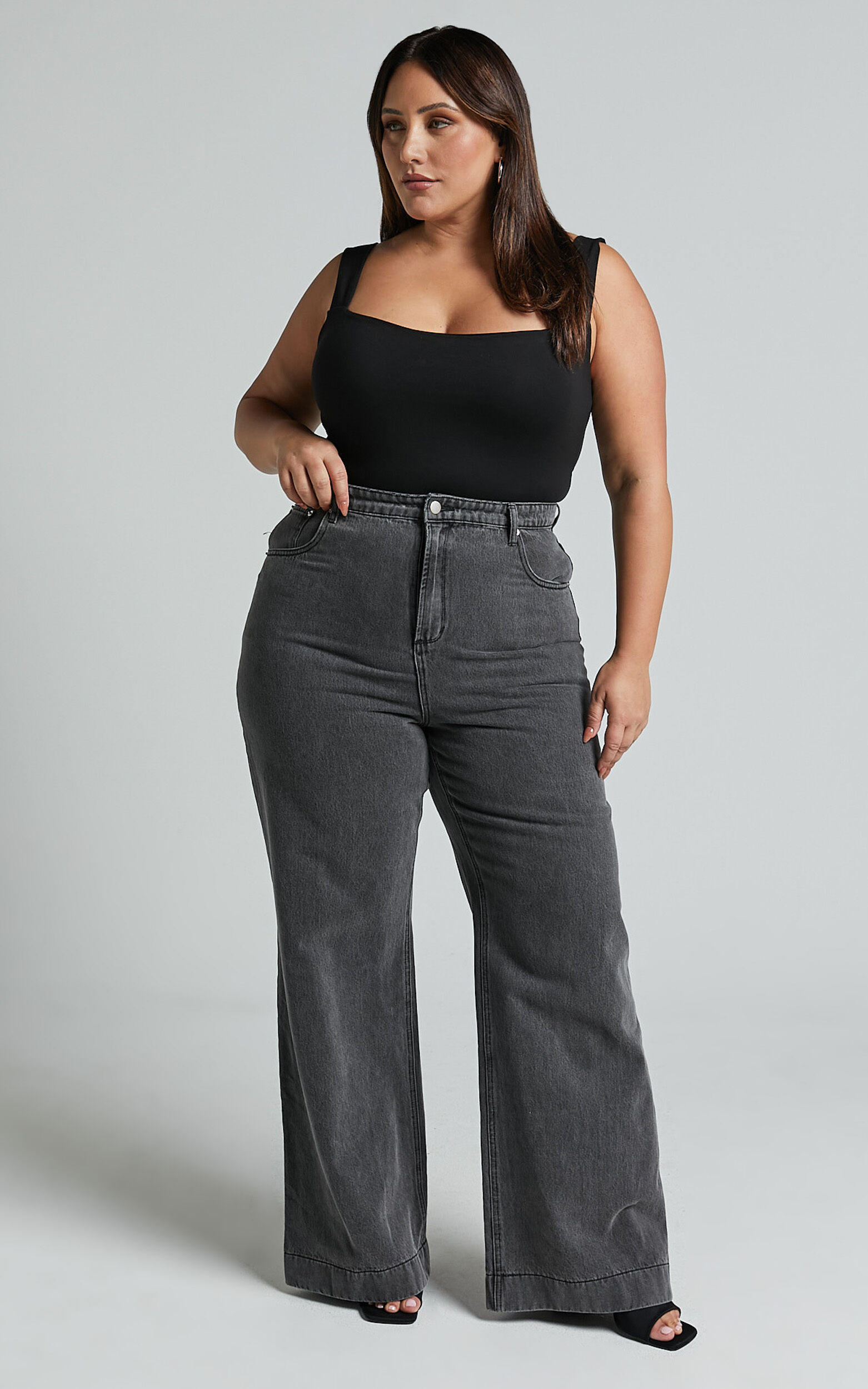 Emman Jeans - High Waisted Cotton Wide Leg Denim Jeans in Washed Black 10 Emman Jeans - High Waisted Cotton Wide Leg Denim Jeans in Washed Black