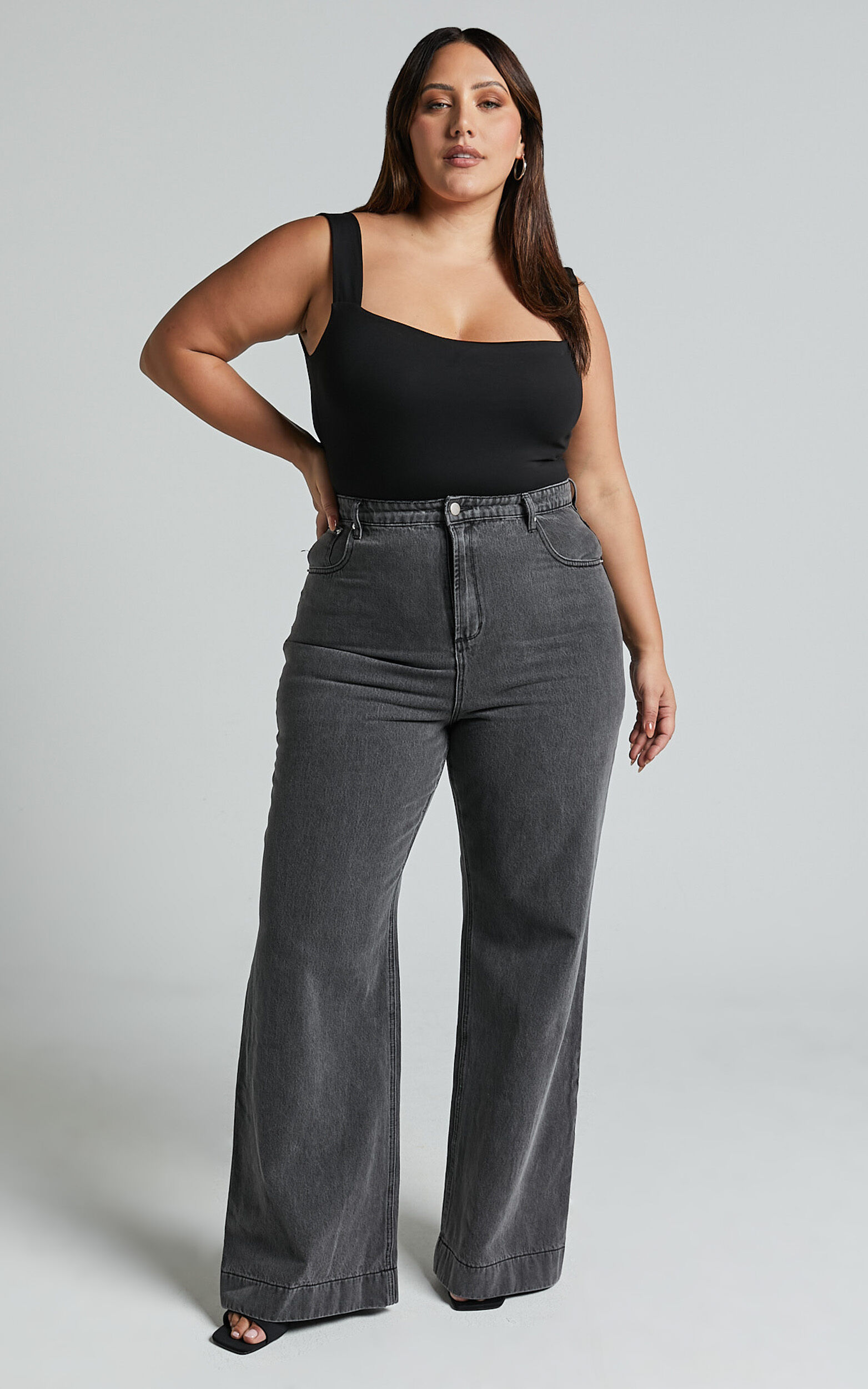 Emman Jeans - High Waisted Cotton Wide Leg Denim Jeans in Washed Black 13 Emman Jeans - High Waisted Cotton Wide Leg Denim Jeans in Washed Black