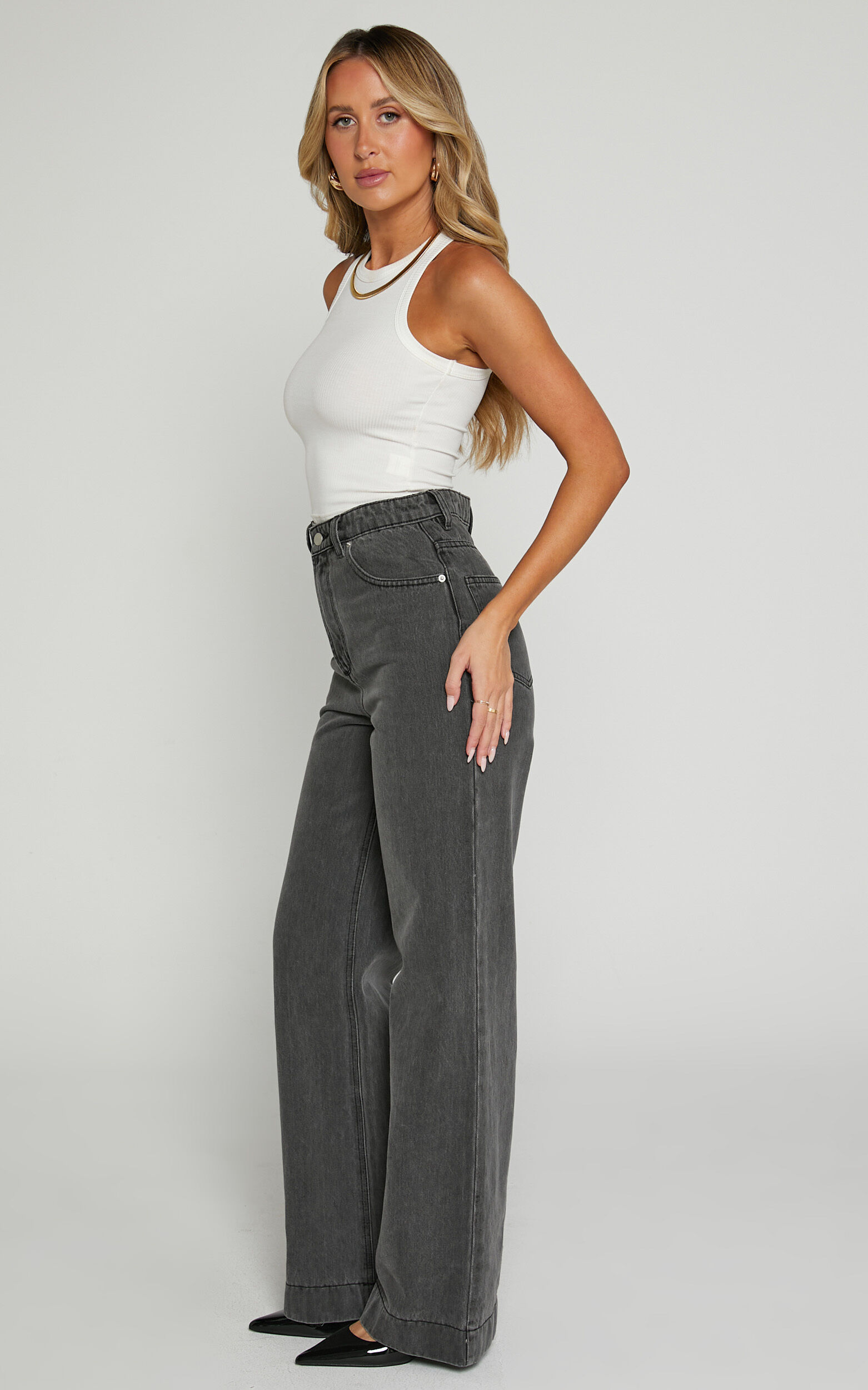 Emman Jeans - High Waisted Cotton Wide Leg Denim Jeans in Washed Black 14 Emman Jeans - High Waisted Cotton Wide Leg Denim Jeans in Washed Black