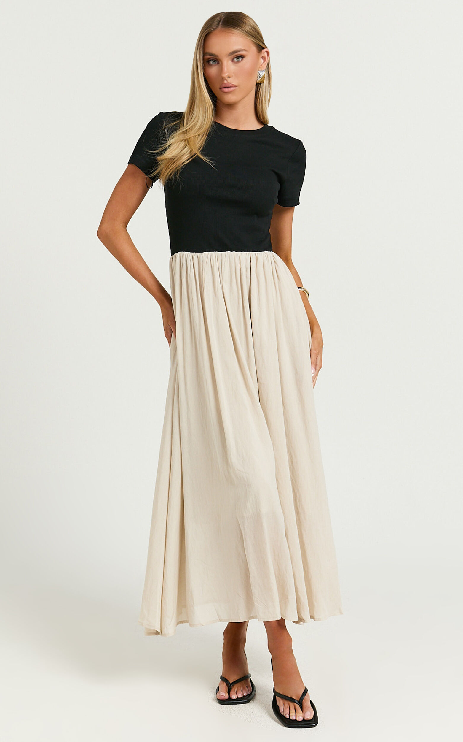 Hermie Midi Dress - Short Sleeve Contrast Dress in Black & Beige 1 Hermie Midi Dress - Short Sleeve Contrast Dress in Black & Beige