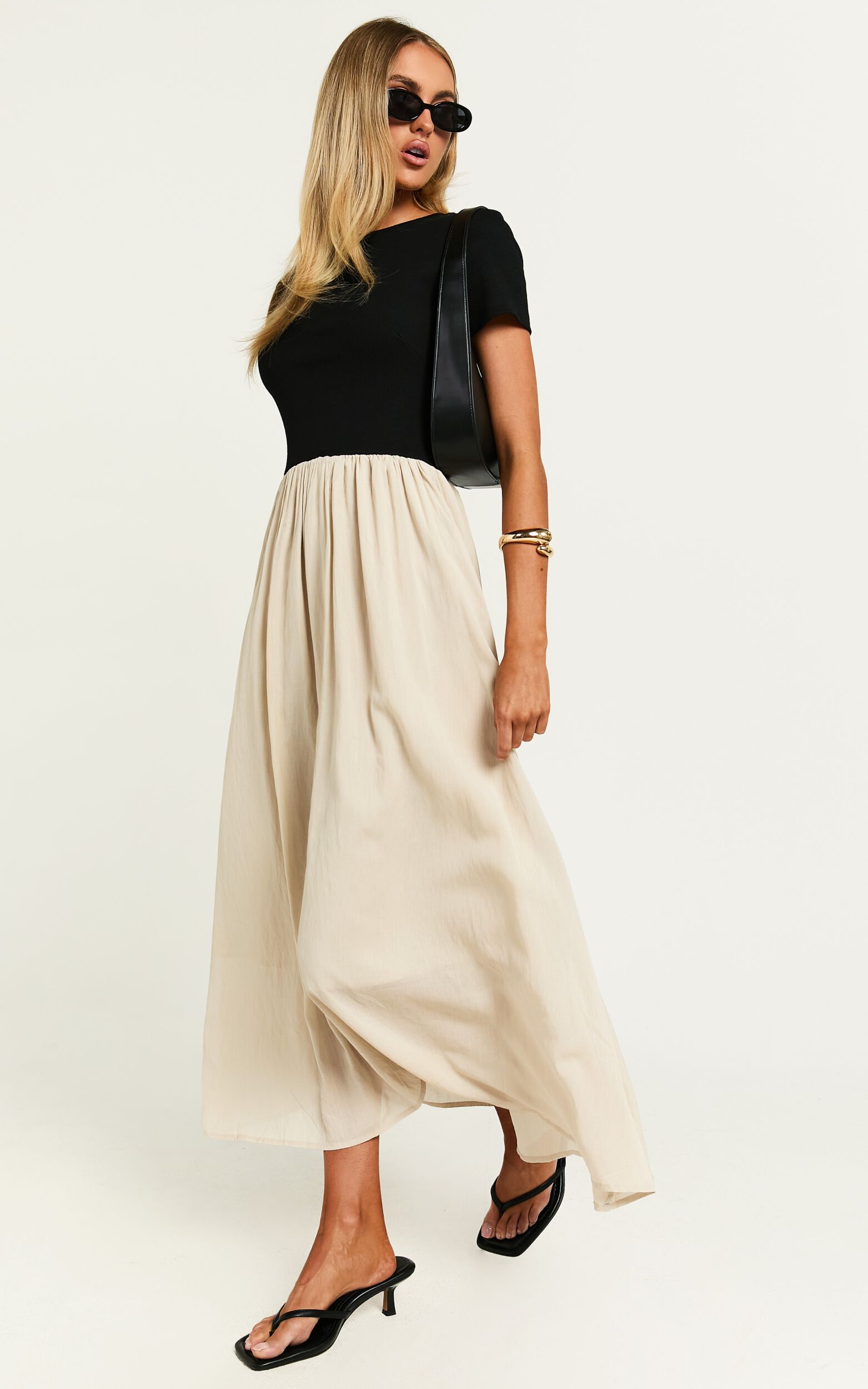 Hermie Midi Dress - Short Sleeve Contrast Dress in Black & Beige 9 Hermie Midi Dress - Short Sleeve Contrast Dress in Black & Beige