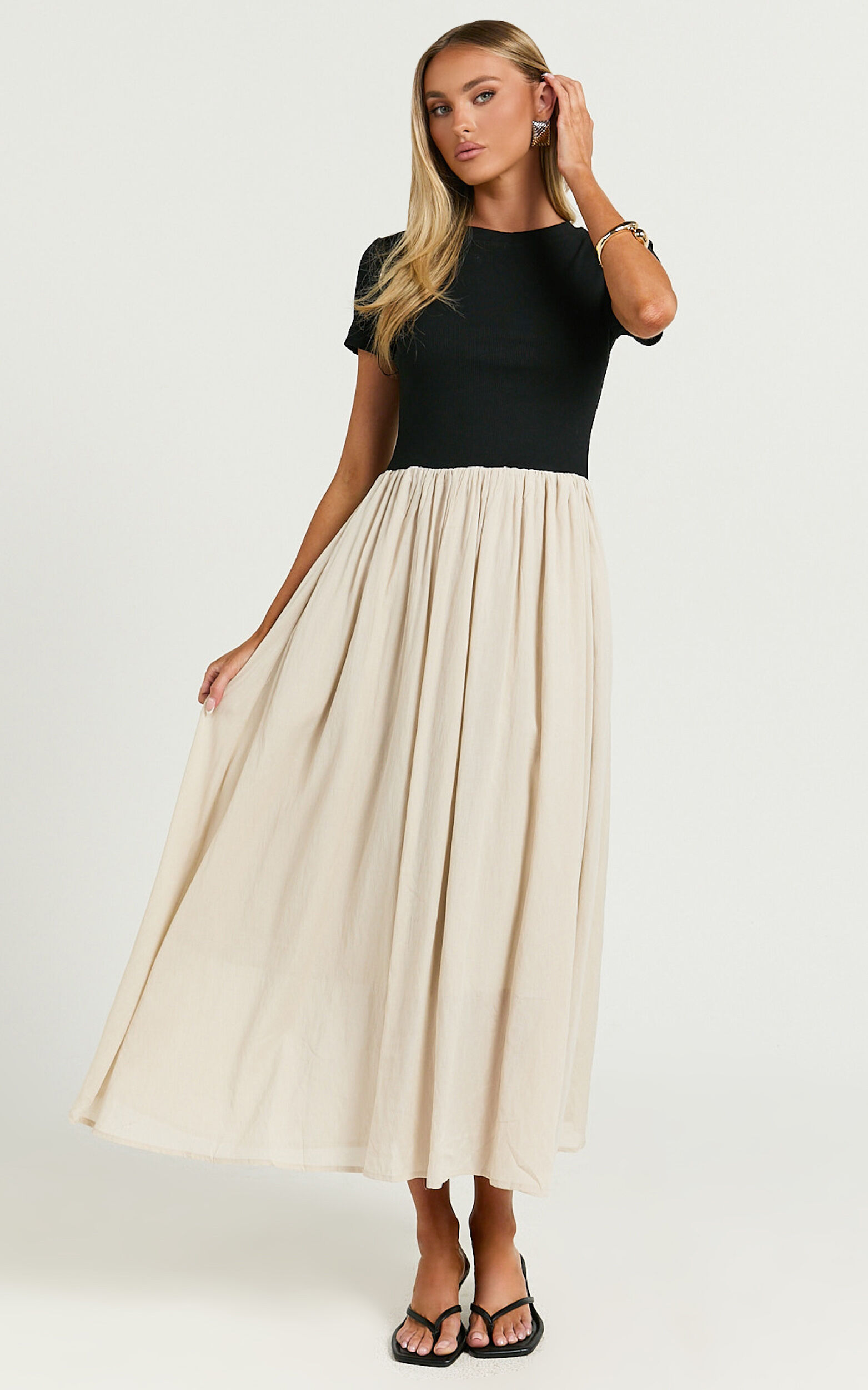 Hermie Midi Dress - Short Sleeve Contrast Dress in Black & Beige 10 Hermie Midi Dress - Short Sleeve Contrast Dress in Black & Beige