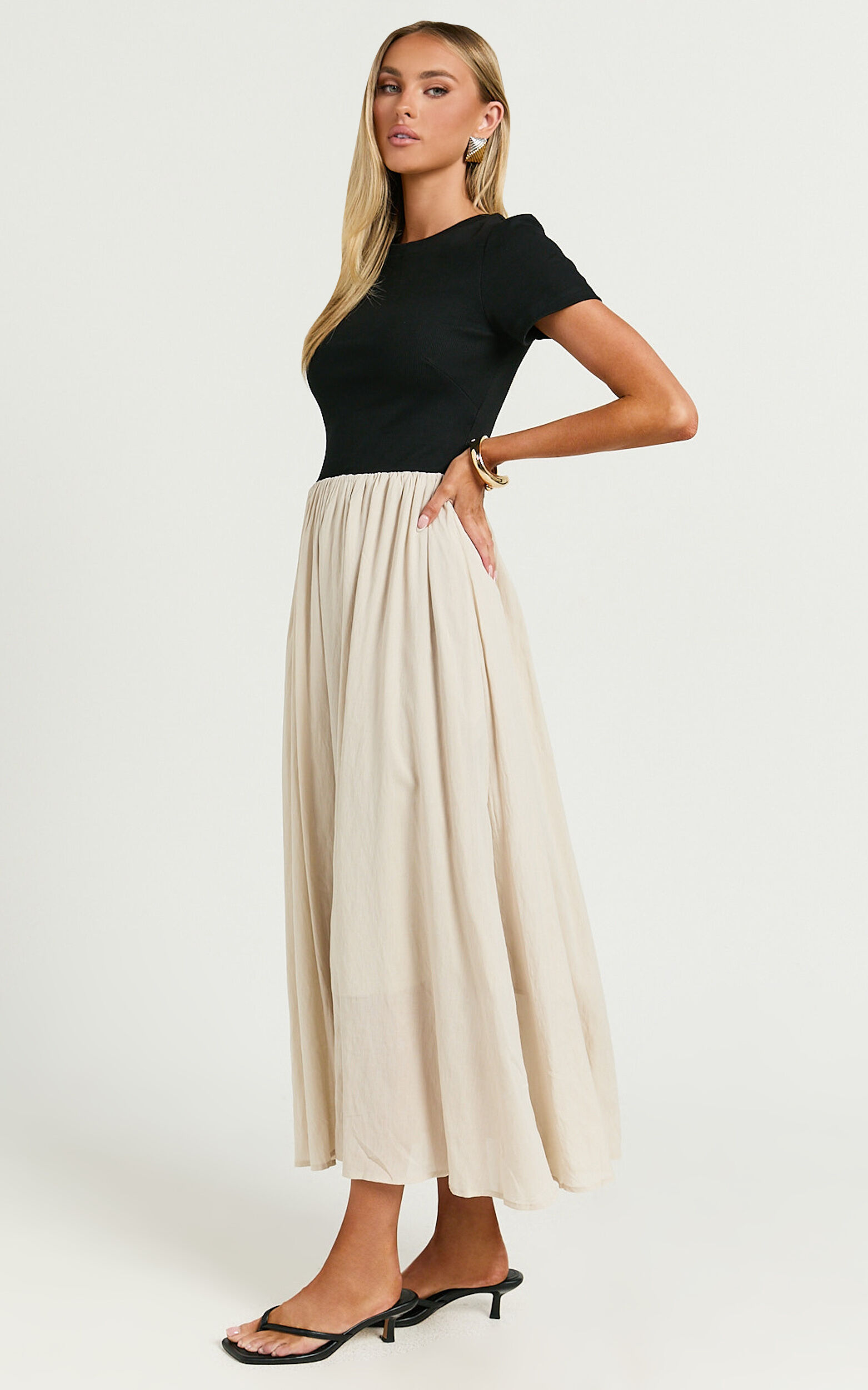 Hermie Midi Dress - Short Sleeve Contrast Dress in Black & Beige 11 Hermie Midi Dress - Short Sleeve Contrast Dress in Black & Beige