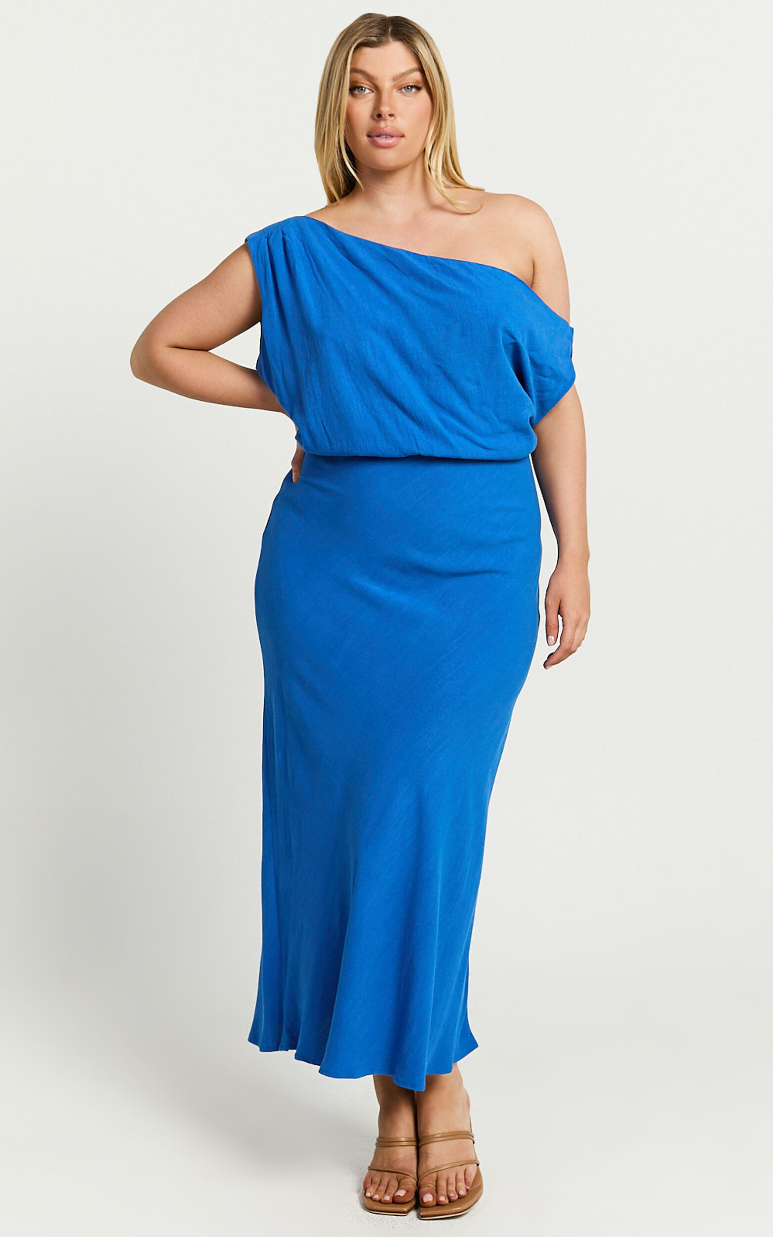 Jacqueline Midi Dress - Linen One Shoulder Dress in Cobalt 10 Jacqueline Midi Dress - Linen One Shoulder Dress in Cobalt