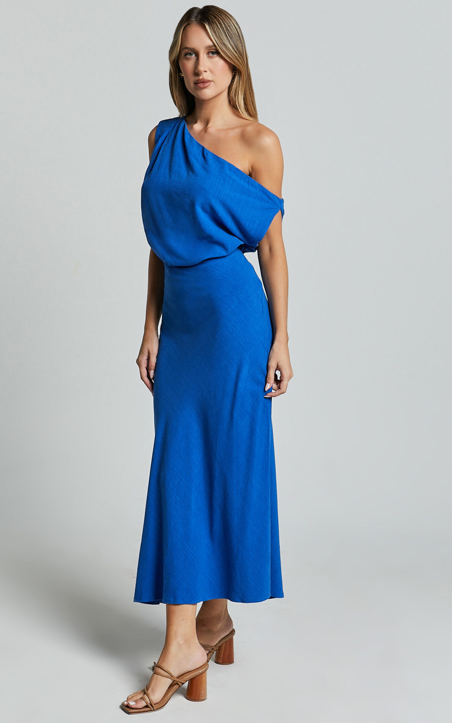 Jacqueline Midi Dress - Linen One Shoulder Dress in Cobalt 11 Jacqueline Midi Dress - Linen One Shoulder Dress in Cobalt
