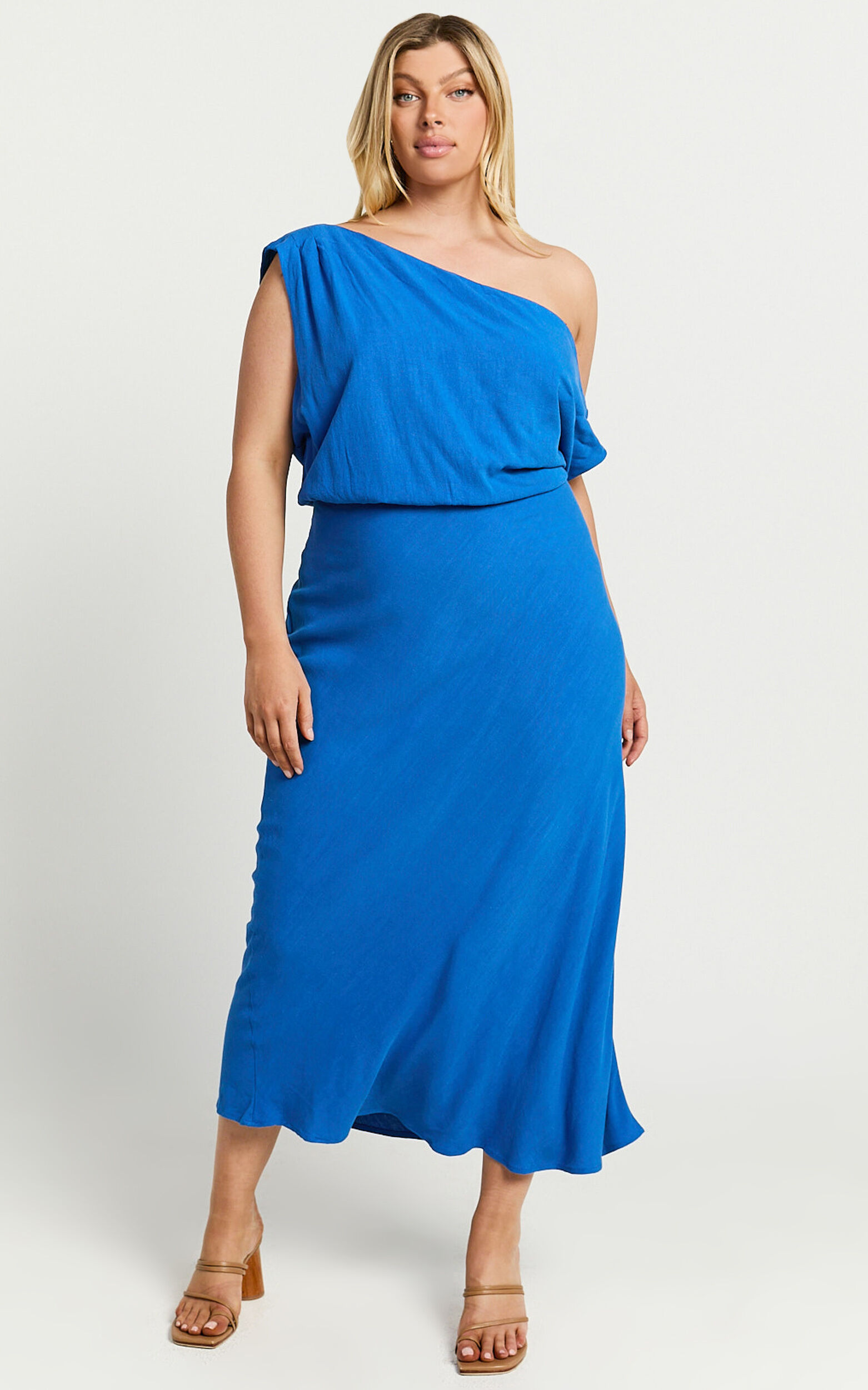 Jacqueline Midi Dress - Linen One Shoulder Dress in Cobalt 12 Jacqueline Midi Dress - Linen One Shoulder Dress in Cobalt