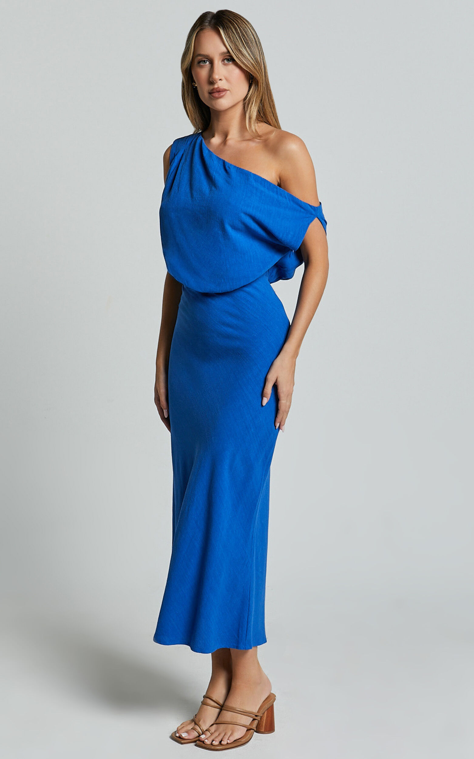 Jacqueline Midi Dress - Linen One Shoulder Dress in Cobalt 15 Jacqueline Midi Dress - Linen One Shoulder Dress in Cobalt