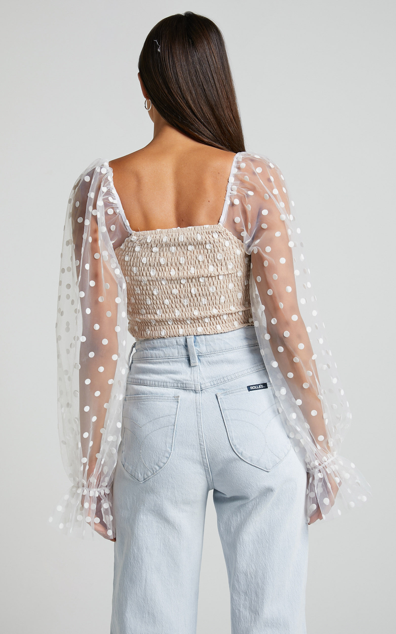 Venetia Bodysuit - Long Sleeve Spot Mesh Bodysuit in White Spot 14 Venetia Bodysuit - Long Sleeve Spot Mesh Bodysuit in White Spot