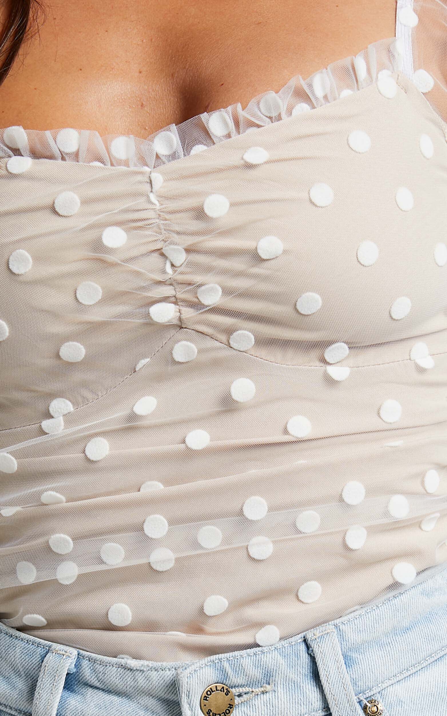 Venetia Bodysuit - Long Sleeve Spot Mesh Bodysuit in White Spot 16 Venetia Bodysuit - Long Sleeve Spot Mesh Bodysuit in White Spot
