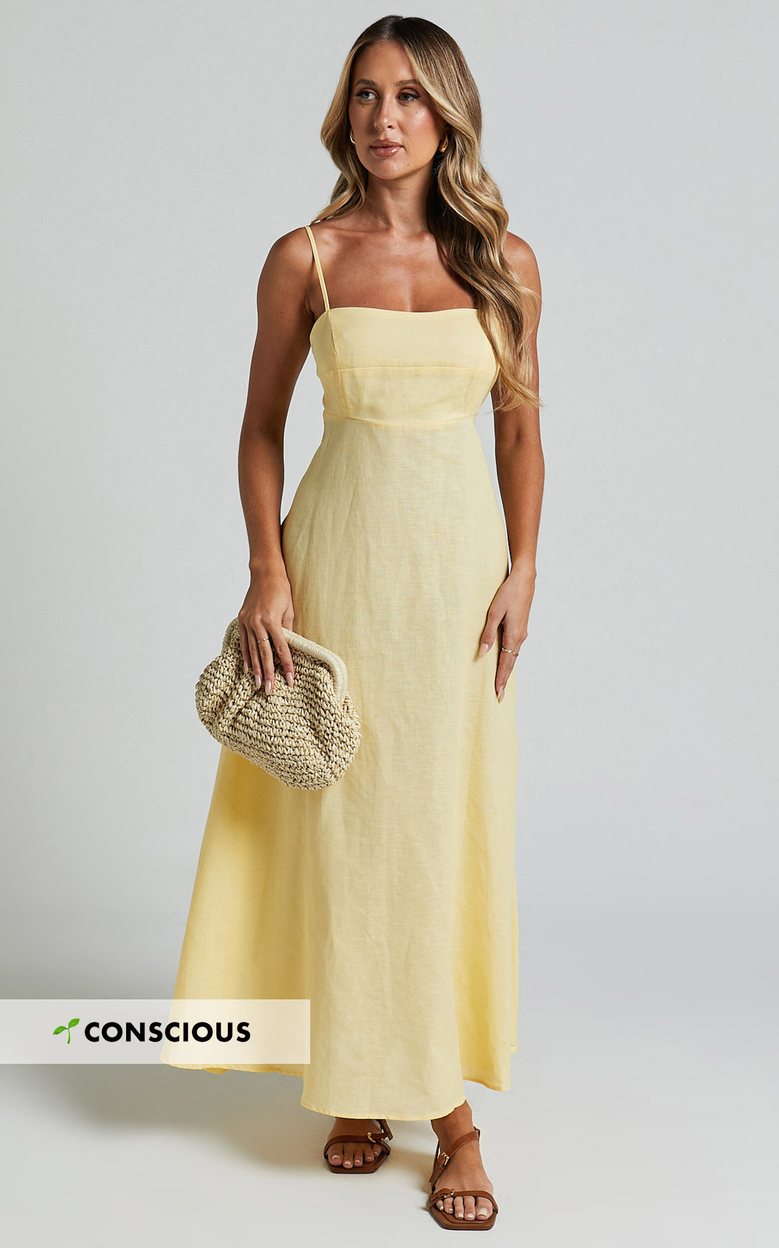 Brette Midi Dress - Linen Straight Neck Strappy Fit And Flare Dress in Lemon 1 Brette Midi Dress - Linen Straight Neck Strappy Fit And Flare Dress in Lemon