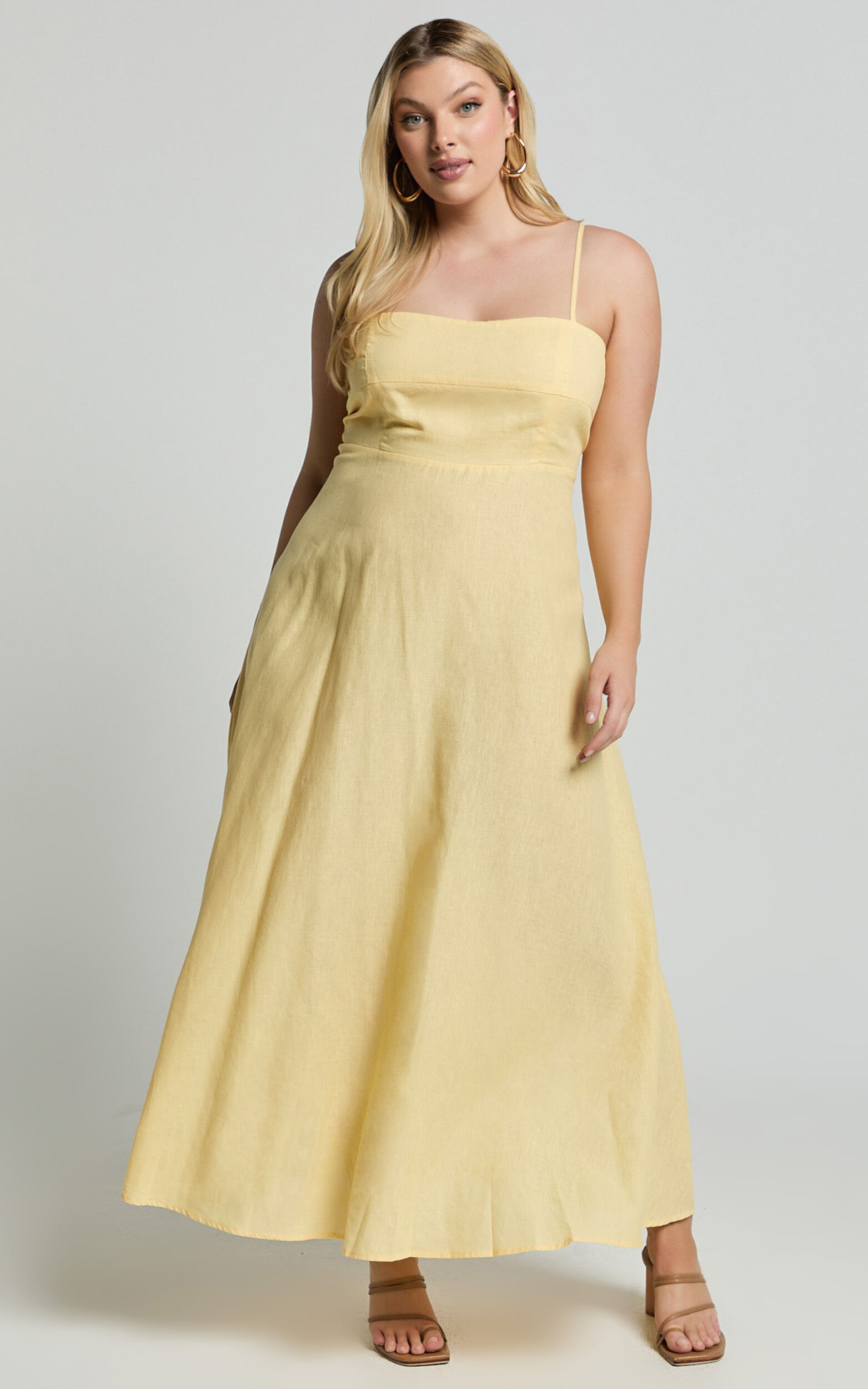 Brette Midi Dress - Linen Straight Neck Strappy Fit And Flare Dress in Lemon 10 Brette Midi Dress - Linen Straight Neck Strappy Fit And Flare Dress in Lemon