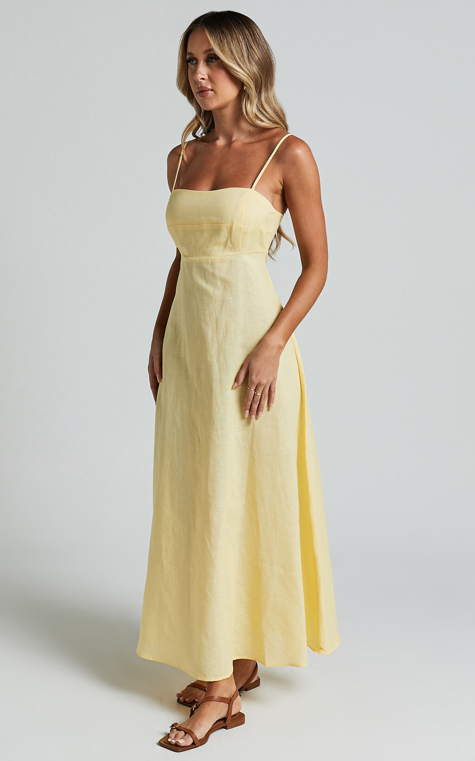 Brette Midi Dress - Linen Straight Neck Strappy Fit And Flare Dress in Lemon 11 Brette Midi Dress - Linen Straight Neck Strappy Fit And Flare Dress in Lemon