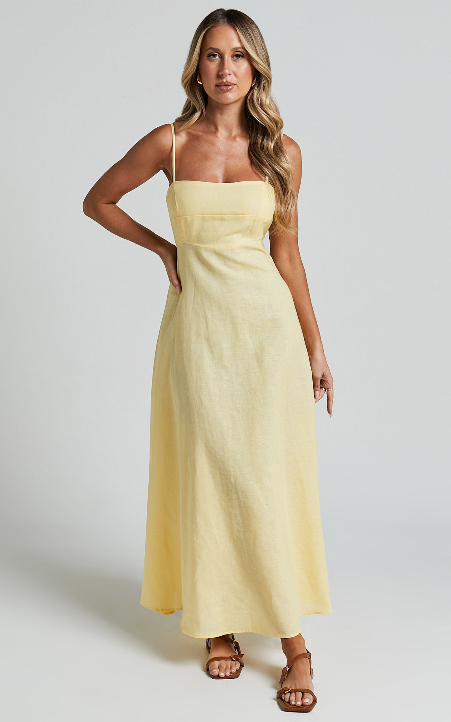 Brette Midi Dress - Linen Straight Neck Strappy Fit And Flare Dress in Lemon 13 Brette Midi Dress - Linen Straight Neck Strappy Fit And Flare Dress in Lemon