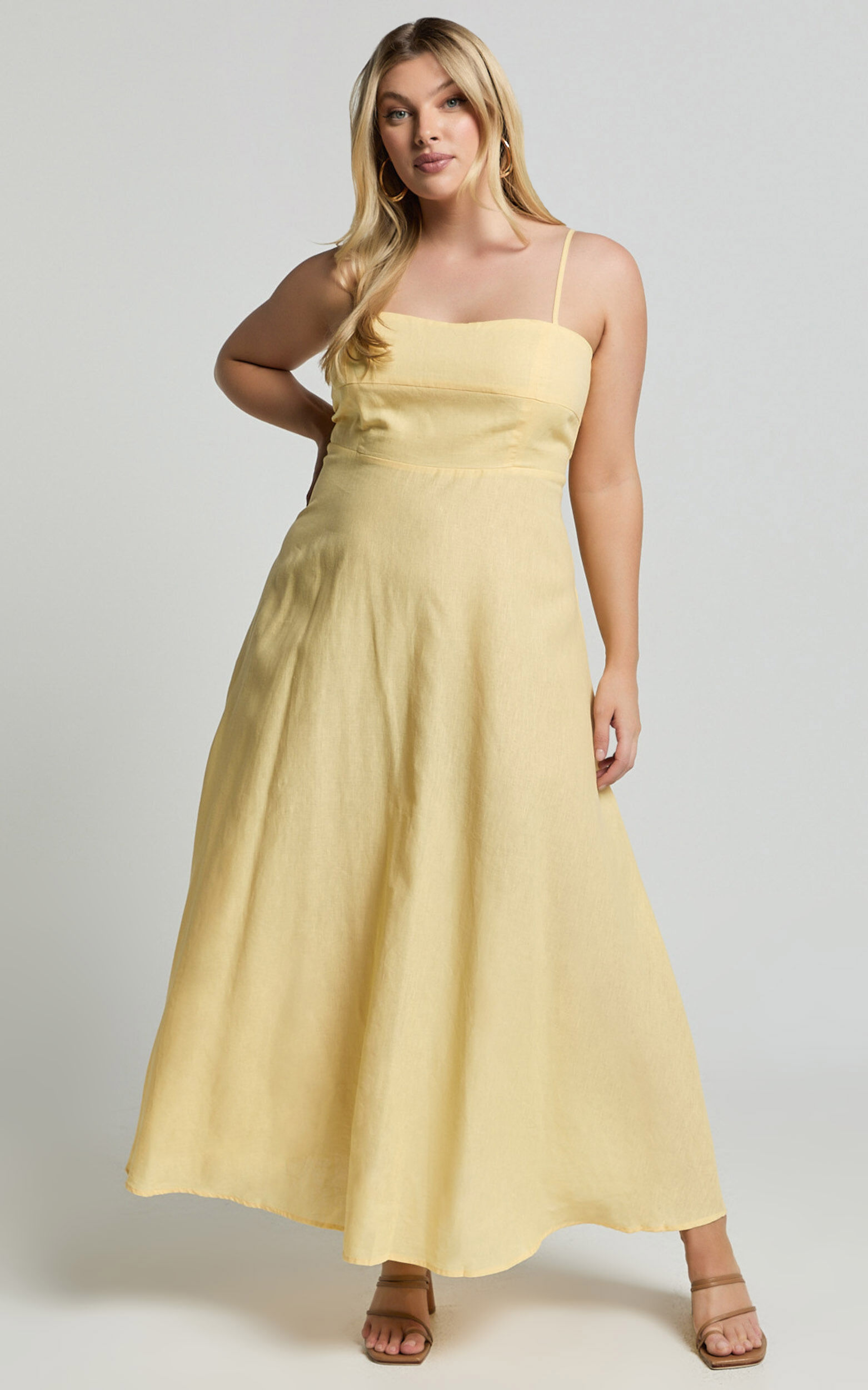Brette Midi Dress - Linen Straight Neck Strappy Fit And Flare Dress in Lemon 14 Brette Midi Dress - Linen Straight Neck Strappy Fit And Flare Dress in Lemon