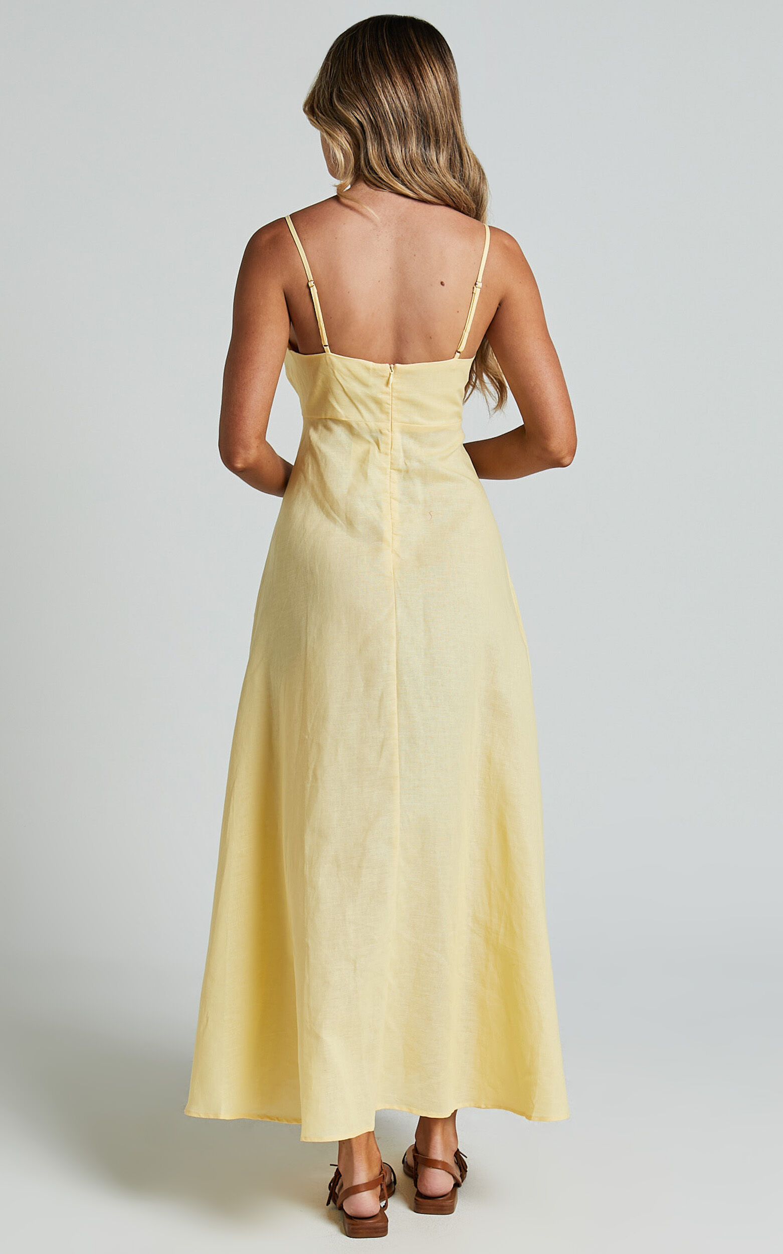 Brette Midi Dress - Linen Straight Neck Strappy Fit And Flare Dress in Lemon 16 Brette Midi Dress - Linen Straight Neck Strappy Fit And Flare Dress in Lemon