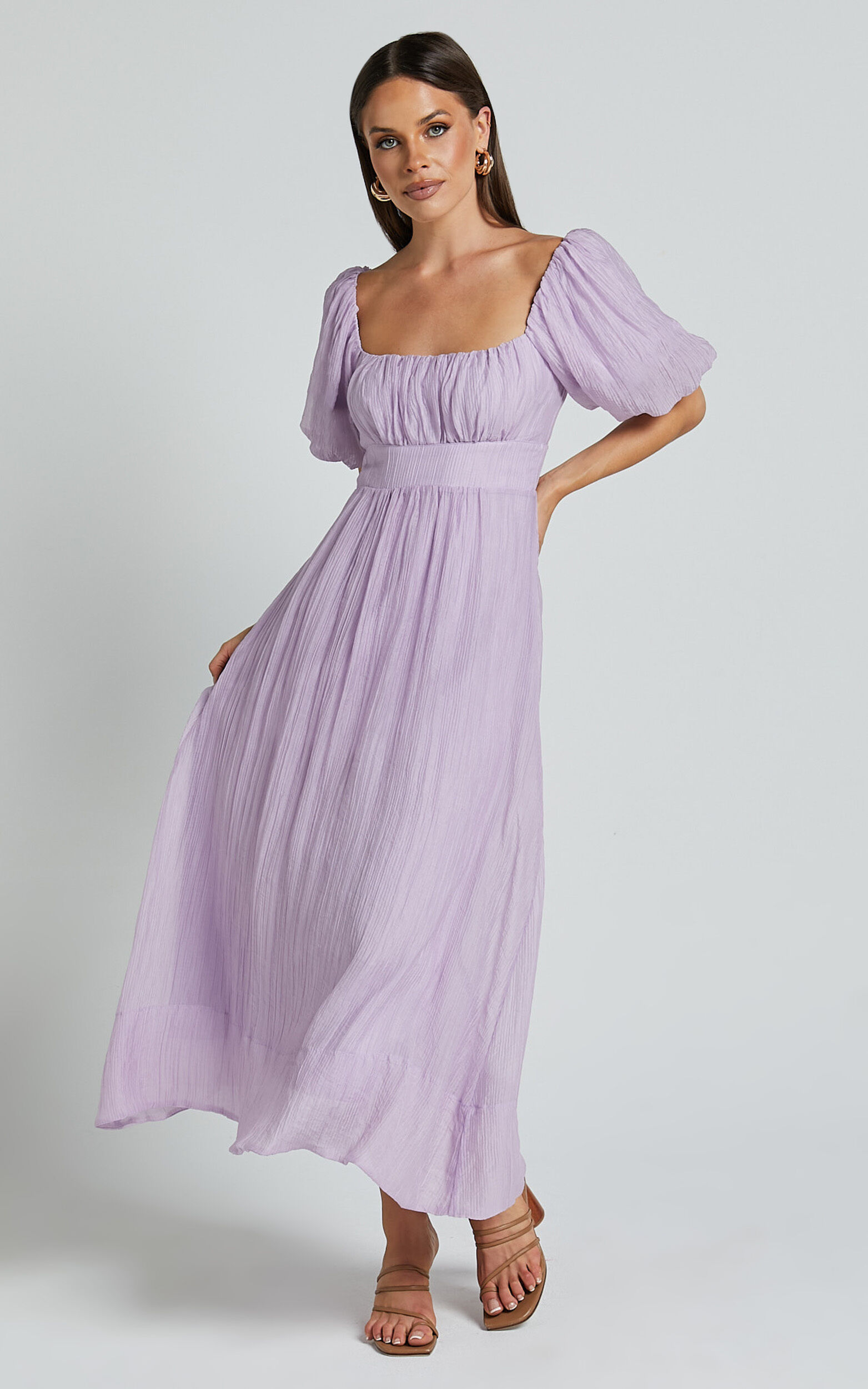 Roshina Midi Dress - Straight Neck Puff Sleeve Dress in Lavender 1 Roshina Midi Dress - Straight Neck Puff Sleeve Dress in Lavender