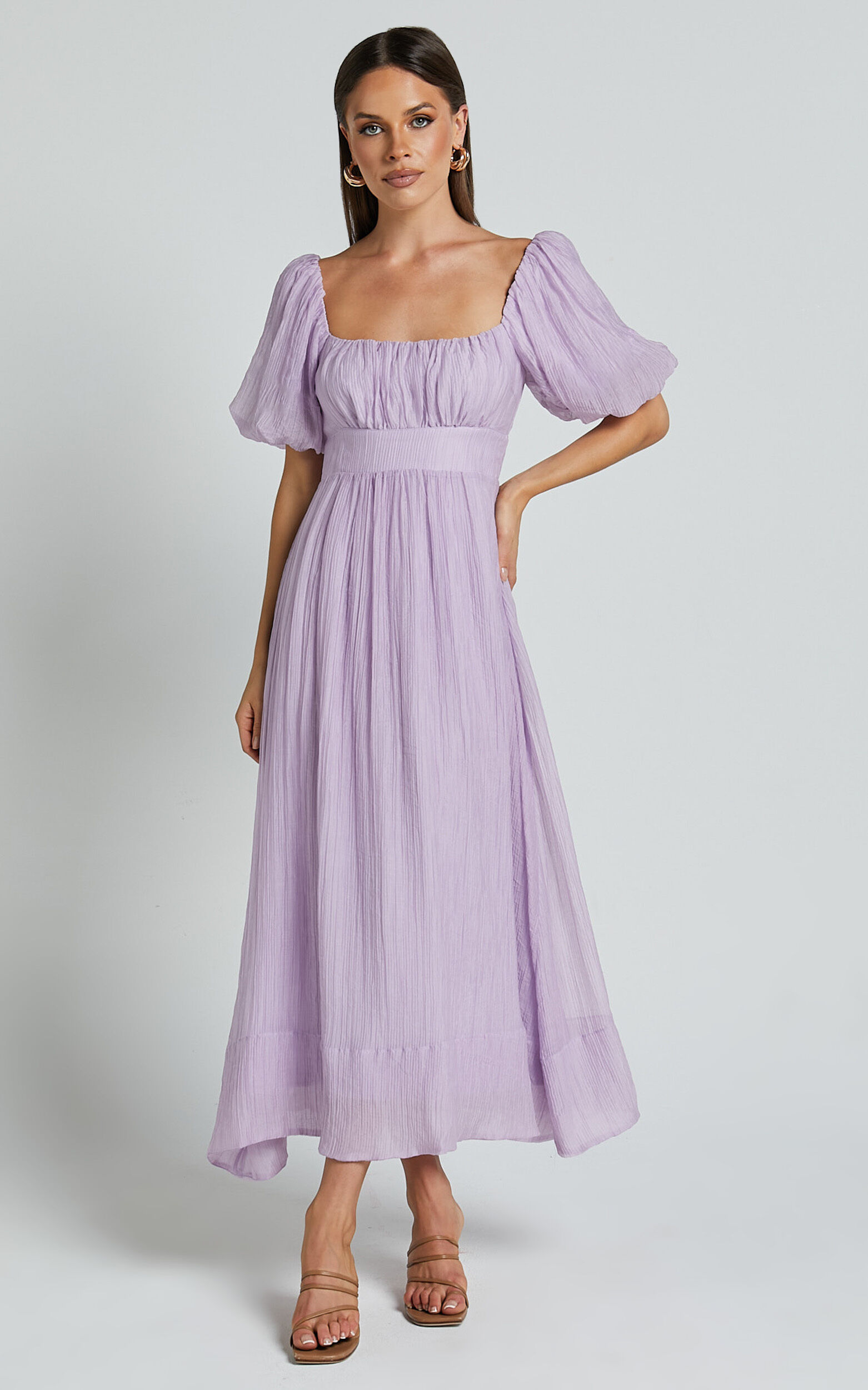 Roshina Midi Dress - Straight Neck Puff Sleeve Dress in Lavender 11 Roshina Midi Dress - Straight Neck Puff Sleeve Dress in Lavender
