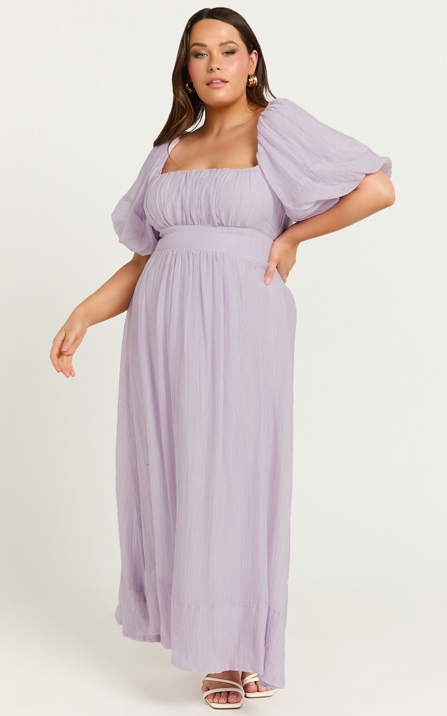Roshina Midi Dress - Straight Neck Puff Sleeve Dress in Lavender 12 Roshina Midi Dress - Straight Neck Puff Sleeve Dress in Lavender