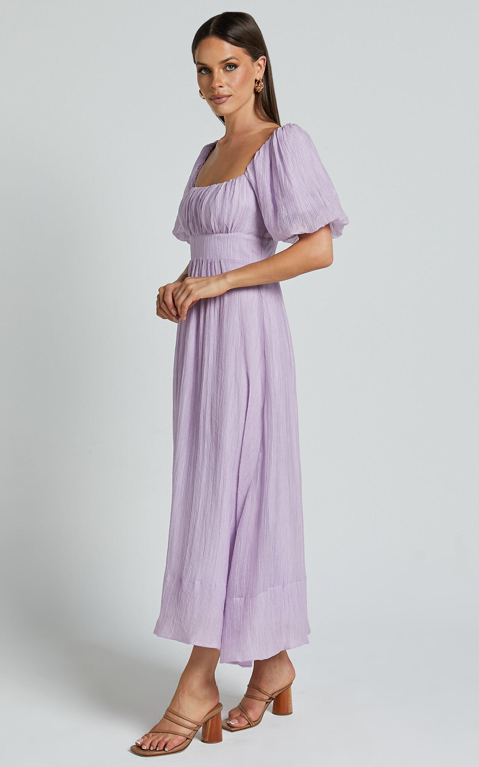 Roshina Midi Dress - Straight Neck Puff Sleeve Dress in Lavender 13 Roshina Midi Dress - Straight Neck Puff Sleeve Dress in Lavender