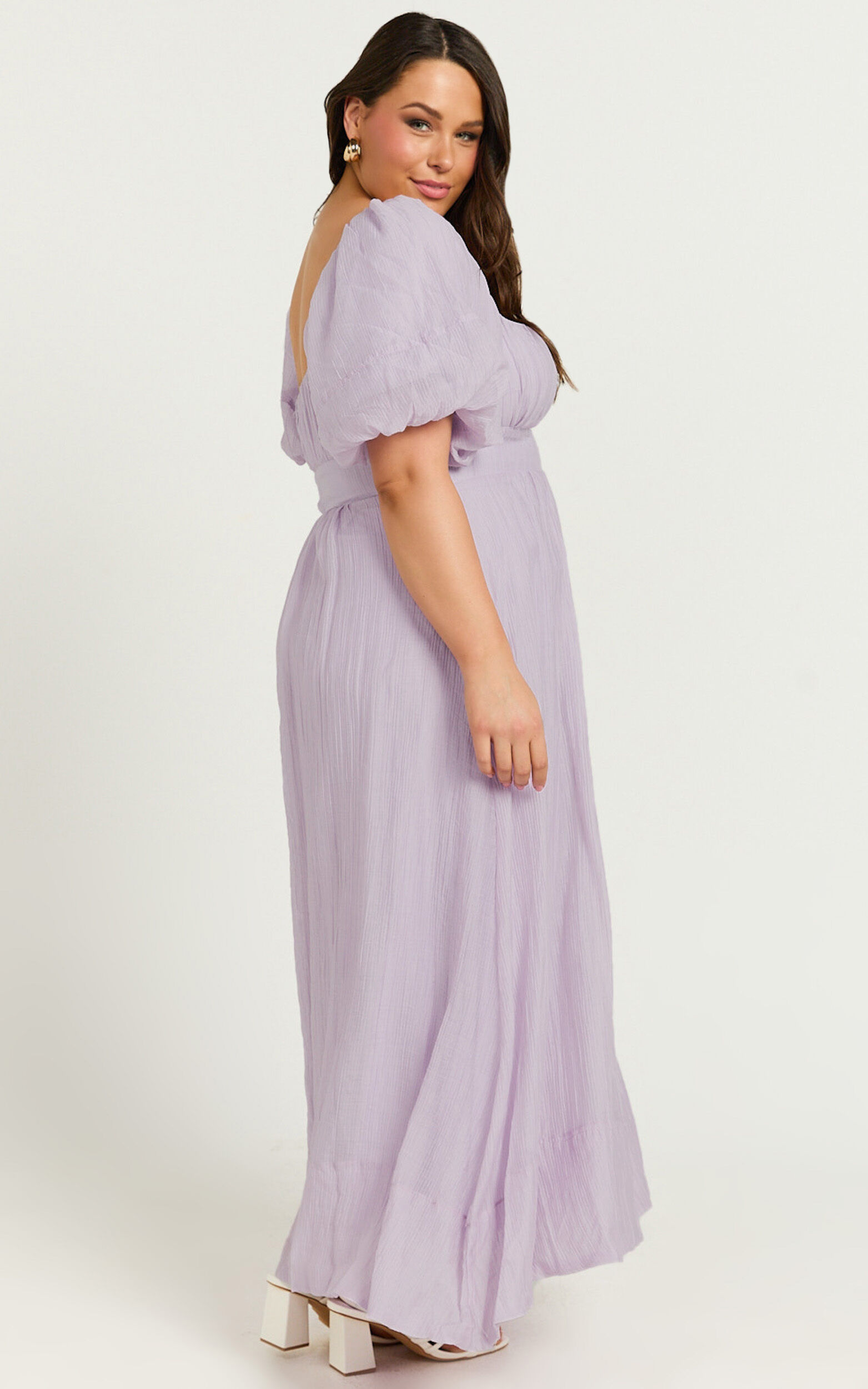 Roshina Midi Dress - Straight Neck Puff Sleeve Dress in Lavender 14 Roshina Midi Dress - Straight Neck Puff Sleeve Dress in Lavender